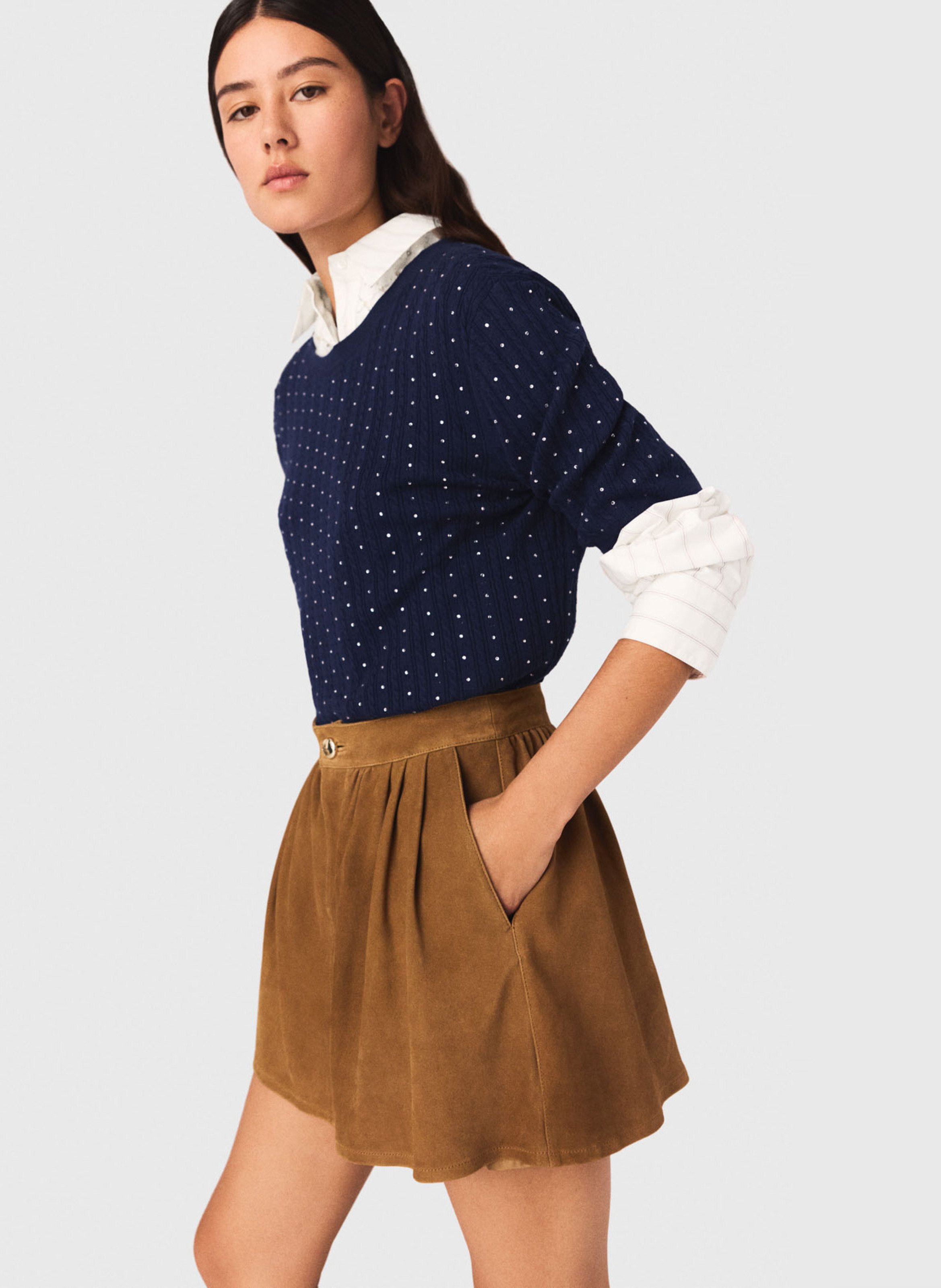 Jupe évasée en cuir MAJE Beige