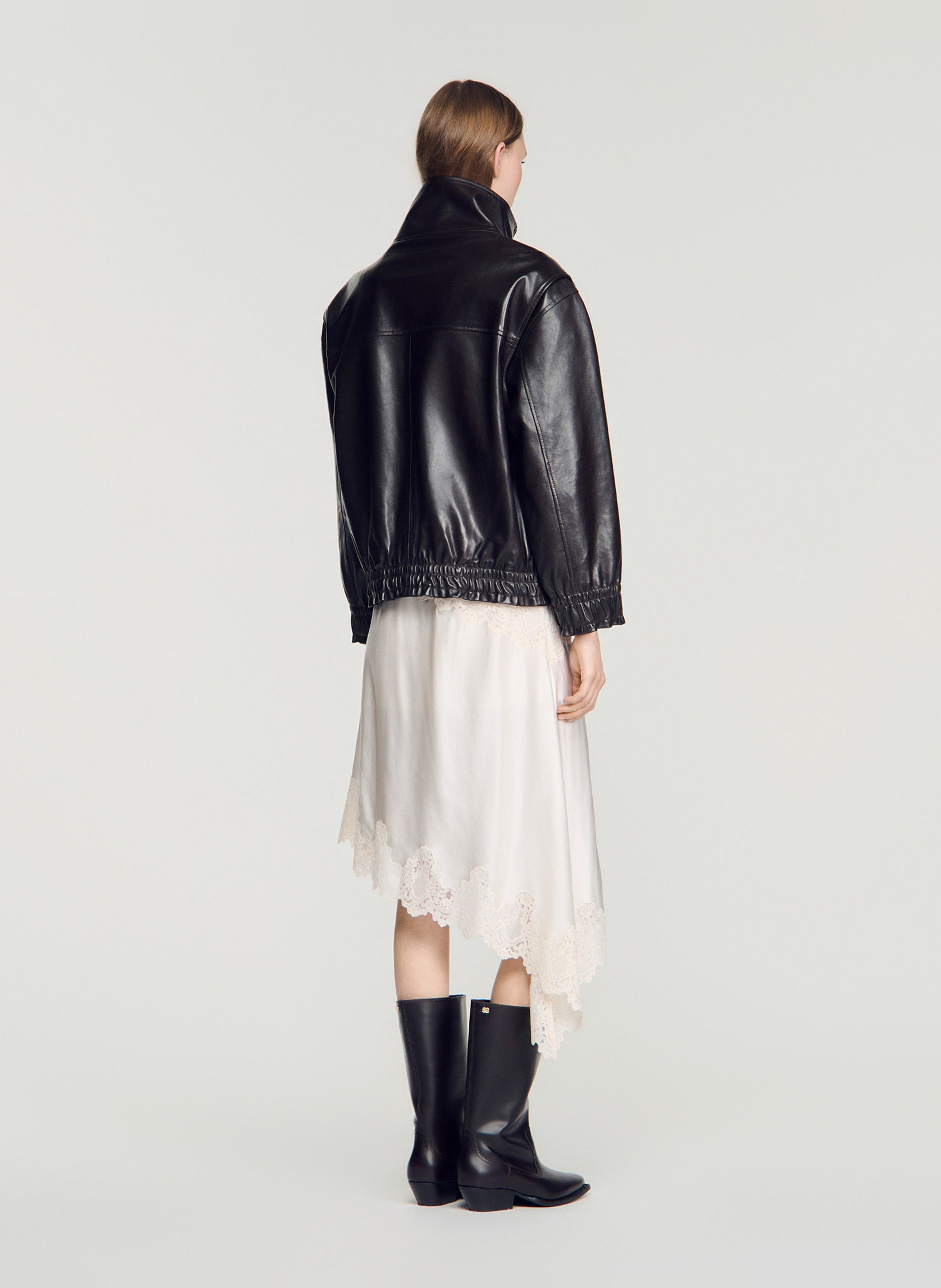 Veste en cuir col montant SANDRO Marron