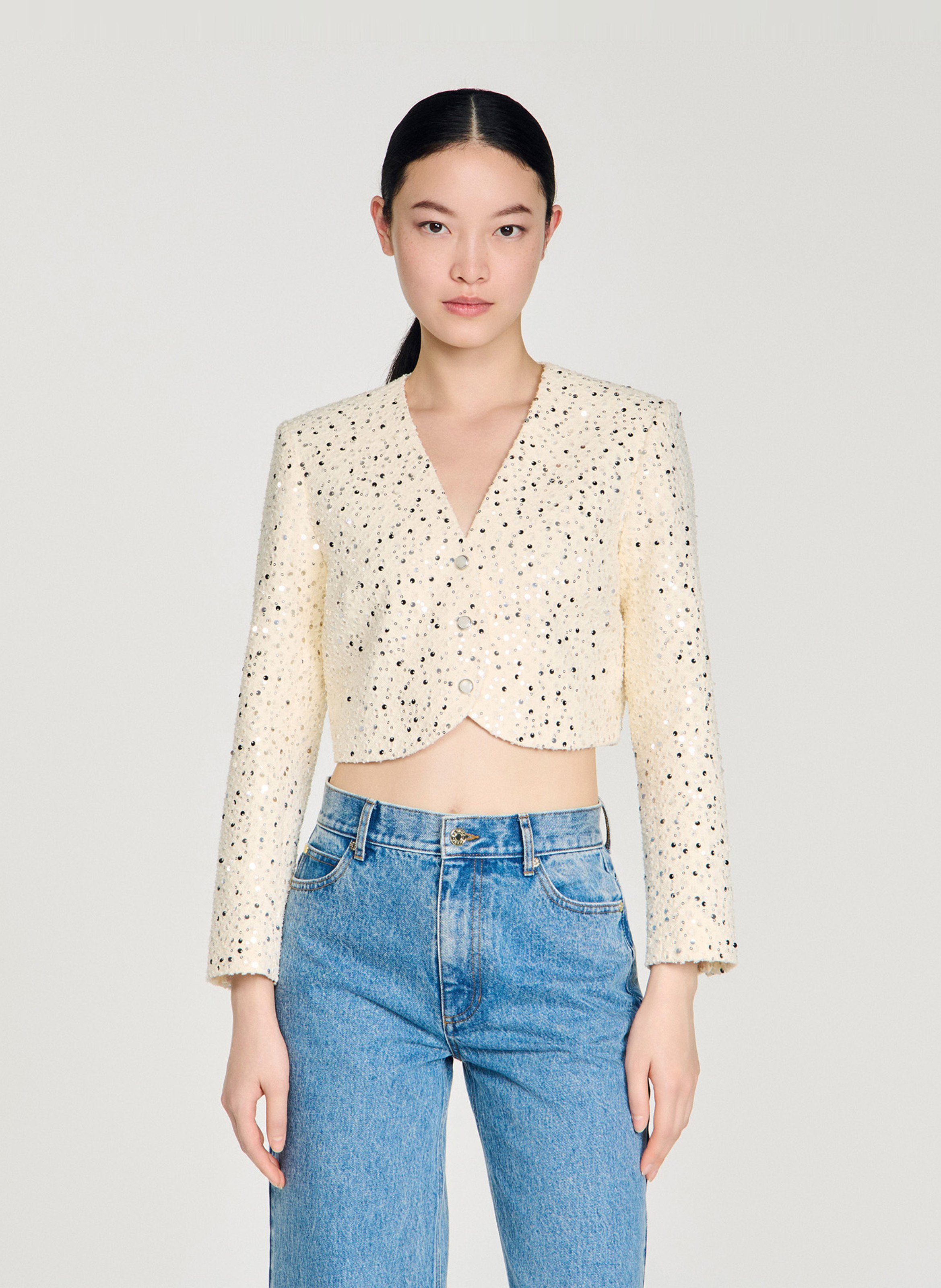 Veste courte col rond à sequins SANDRO Beige