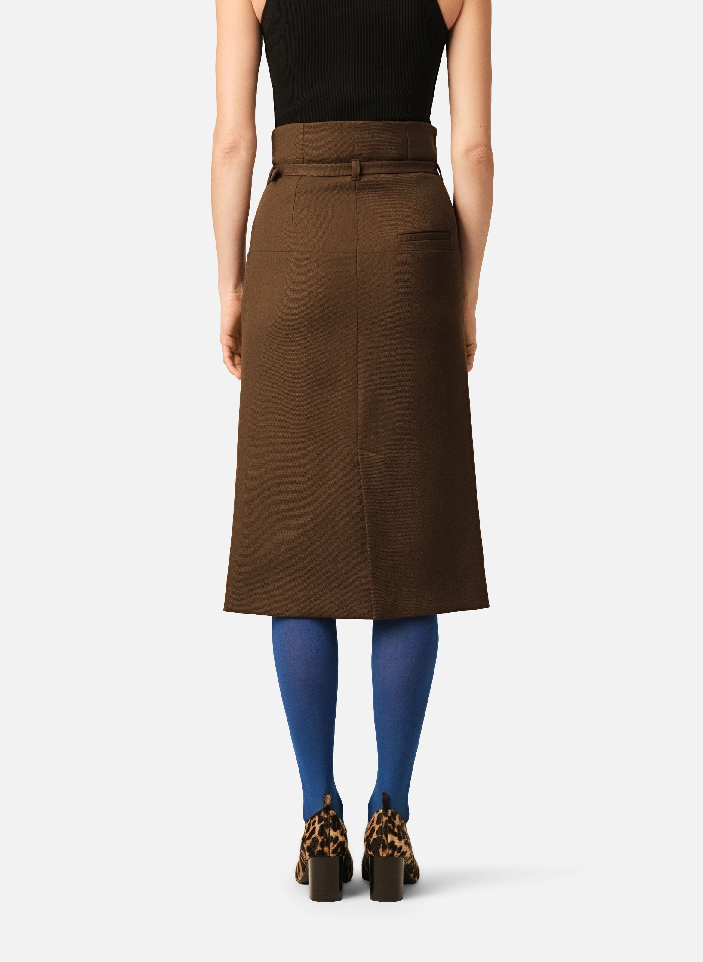 Jupe crayon ceinturée en laine AMI PARIS Marron