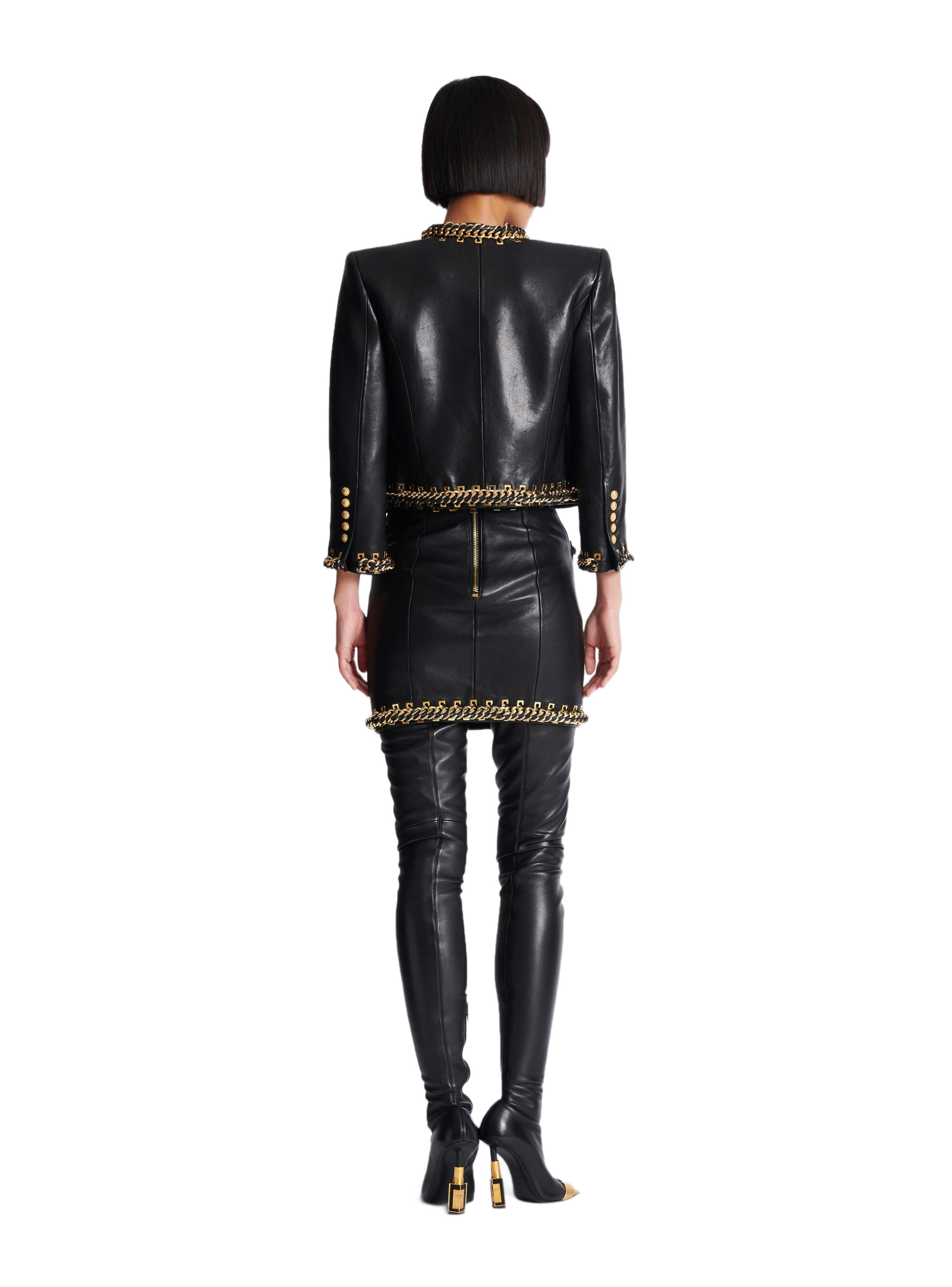 Veste bord à bord en cuir d'agneau avec chaînes BALMAIN Noir