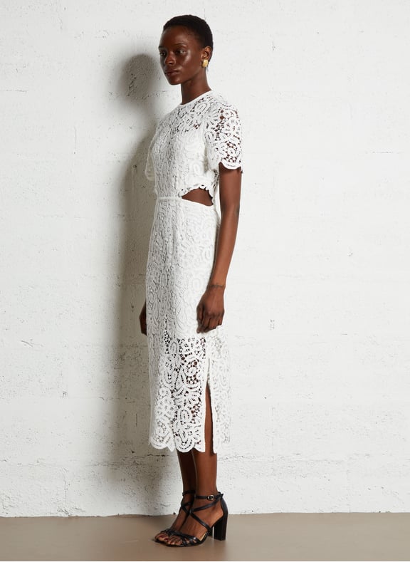 Robe midi cintrée col rond en coton Blanc by IKKS IKKS Robe midi cintrée col rond en coton Blanc