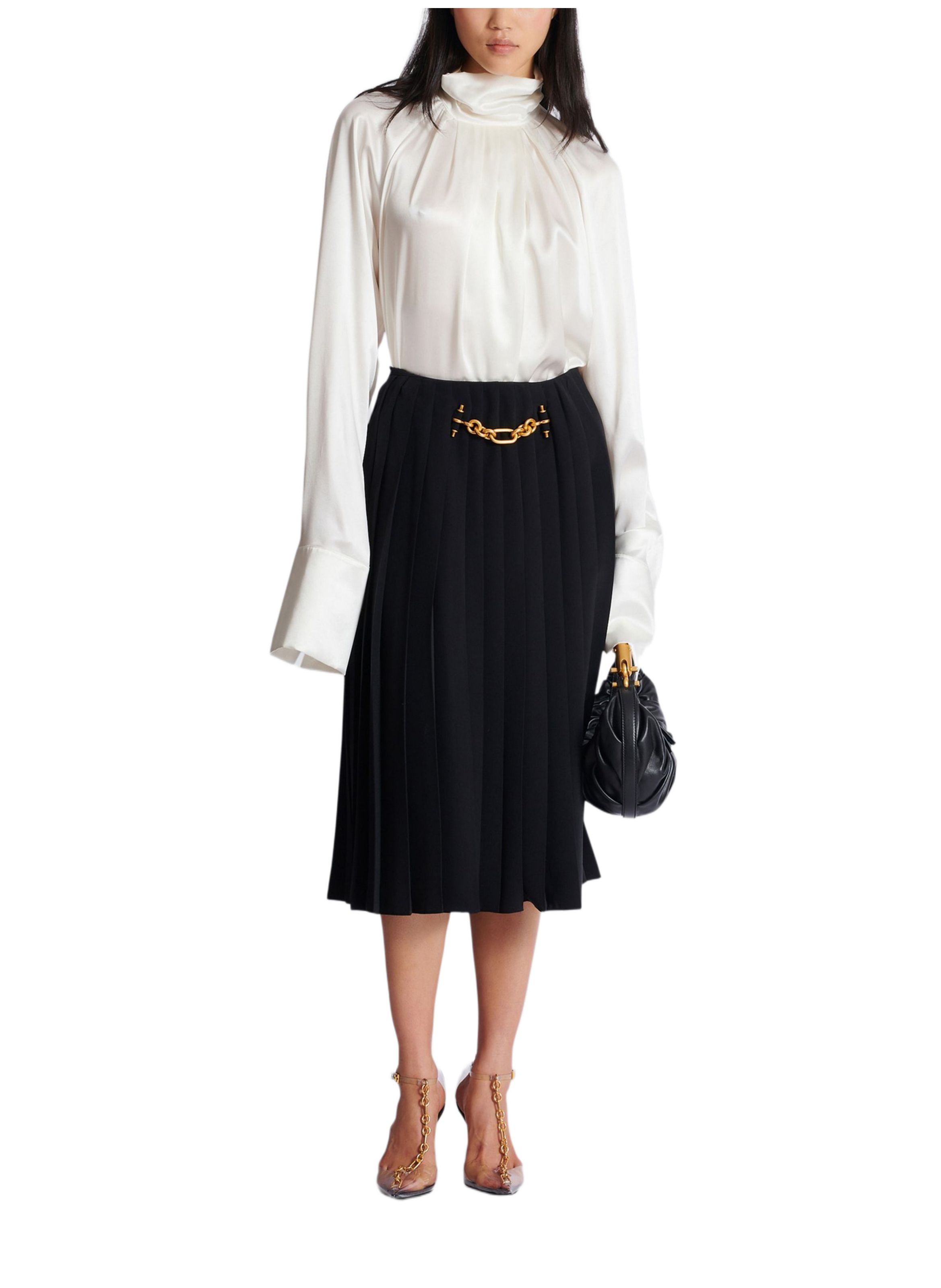 Jupe midi en soie plissée avec détail bijou BALMAIN Noir