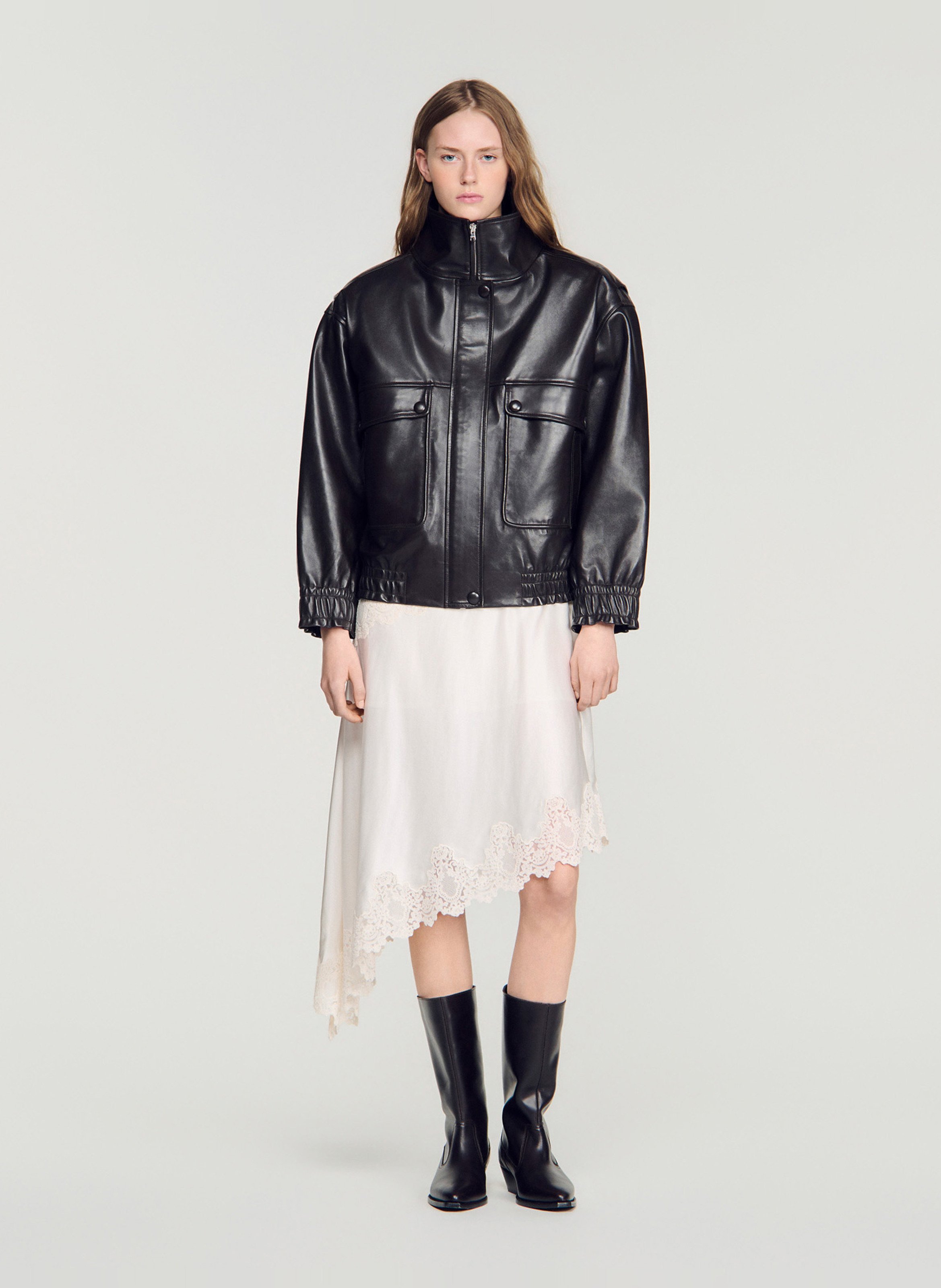 Veste en cuir col montant SANDRO Marron