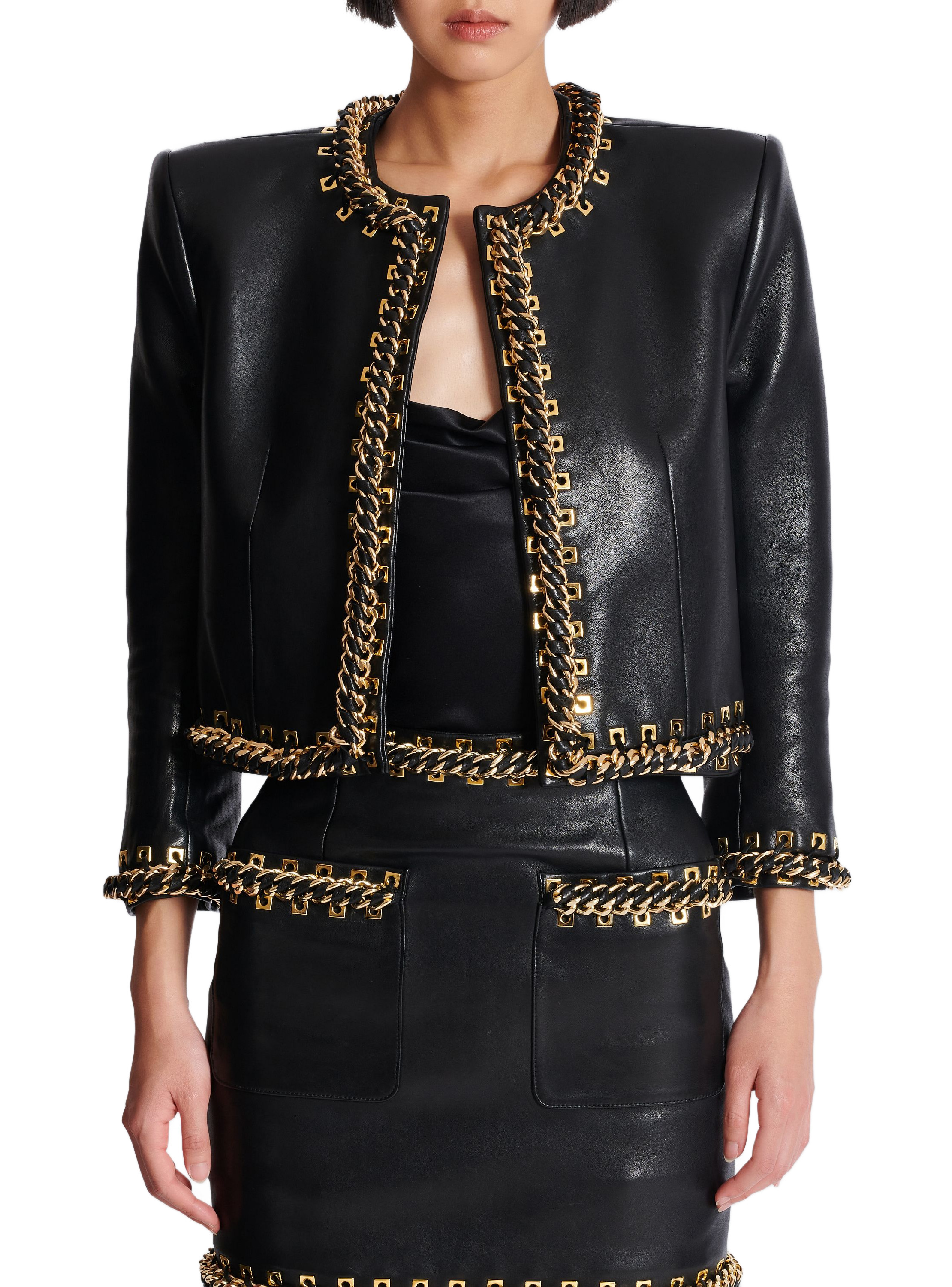 Veste bord à bord en cuir d'agneau avec chaînes BALMAIN Noir