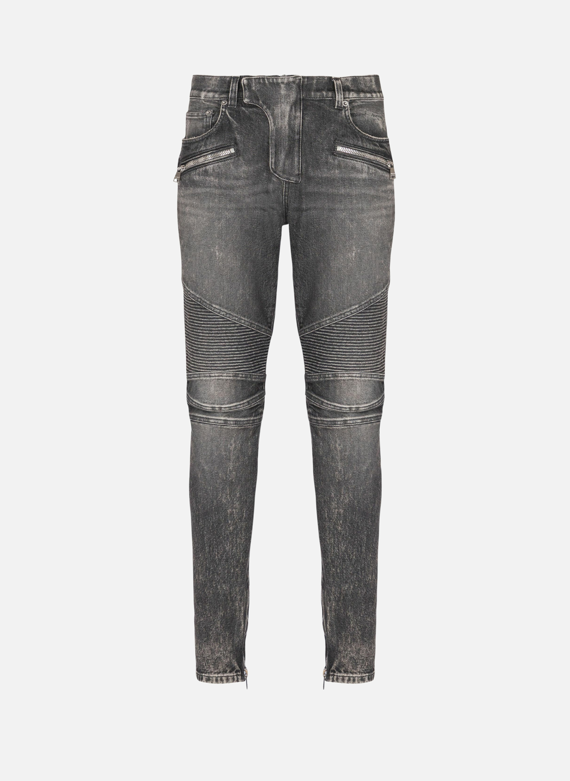 Pantalon biker slim en denim BALMAIN Gris