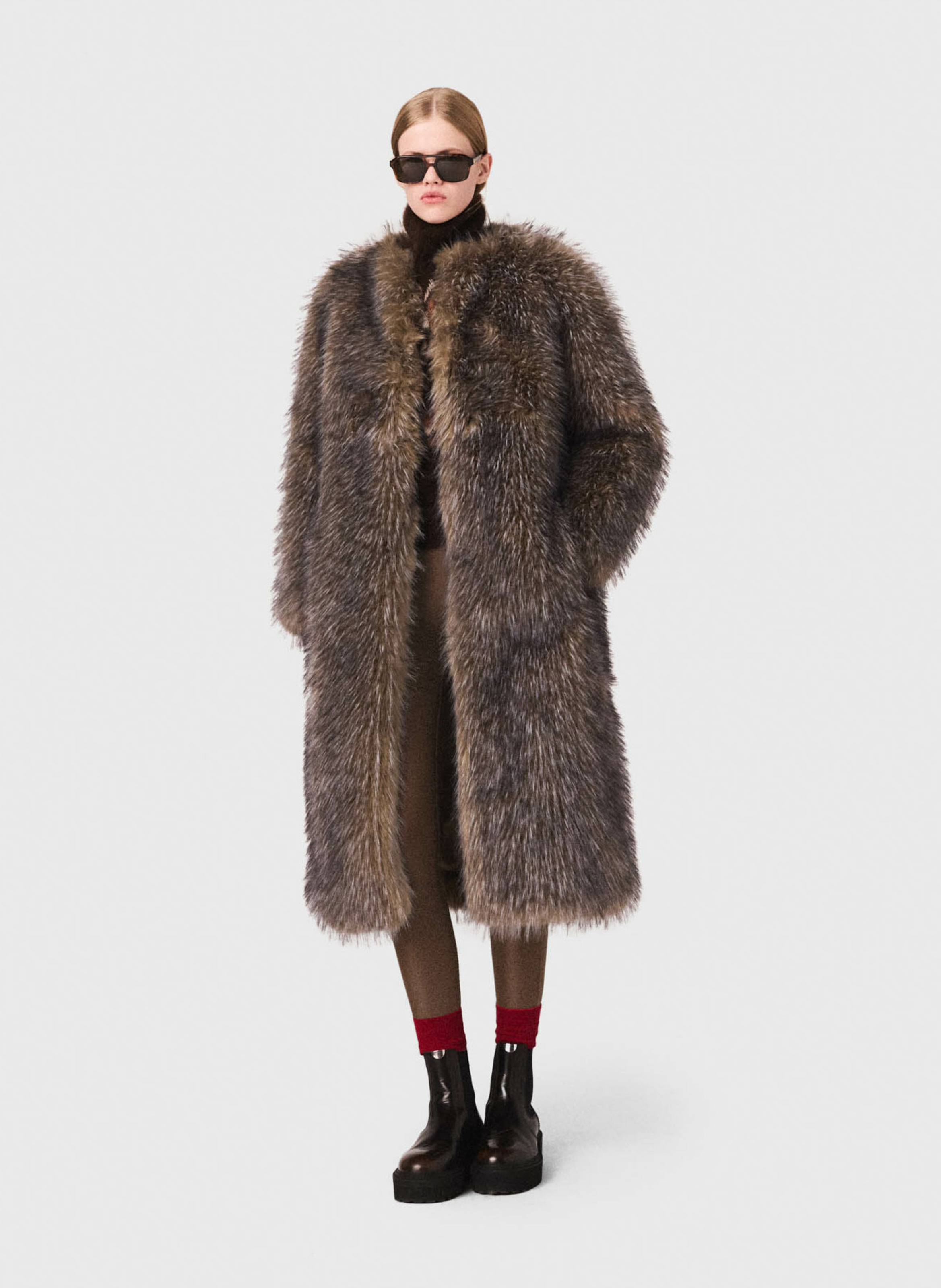 Manteau col rond effet fourrure MAJE Gris