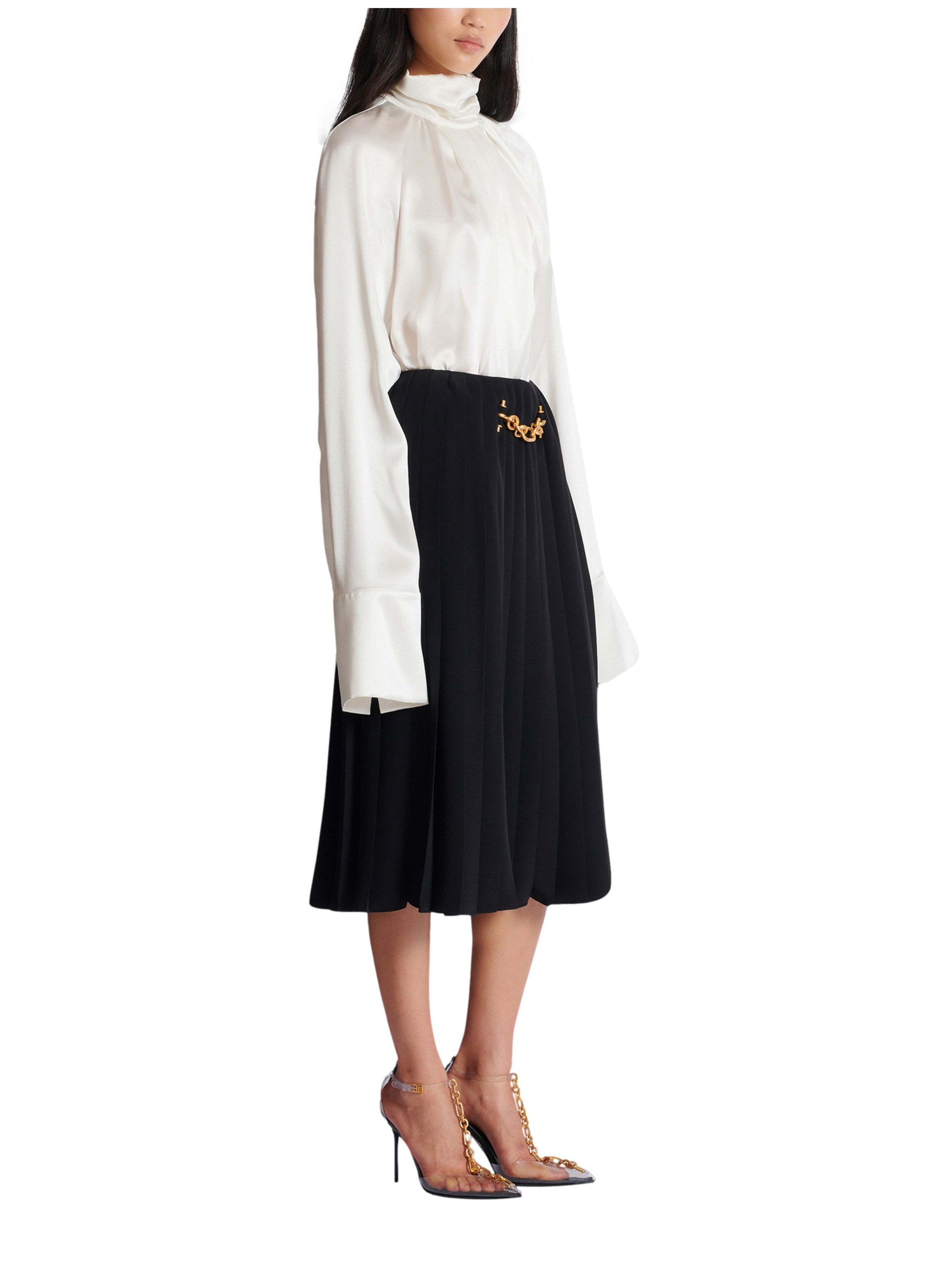 Jupe midi en soie plissée avec détail bijou BALMAIN Noir