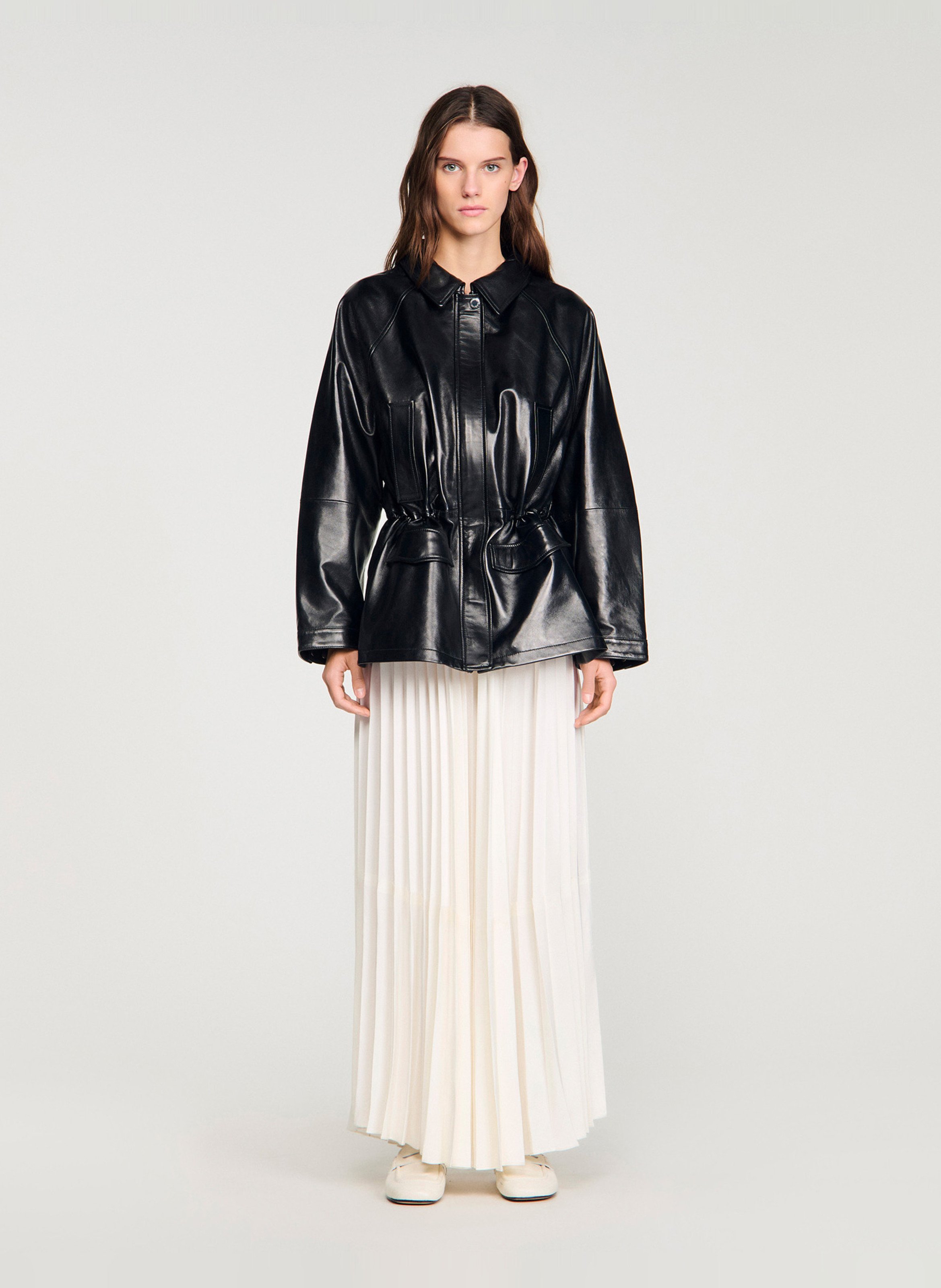 Veste col classique en cuir SANDRO Noir