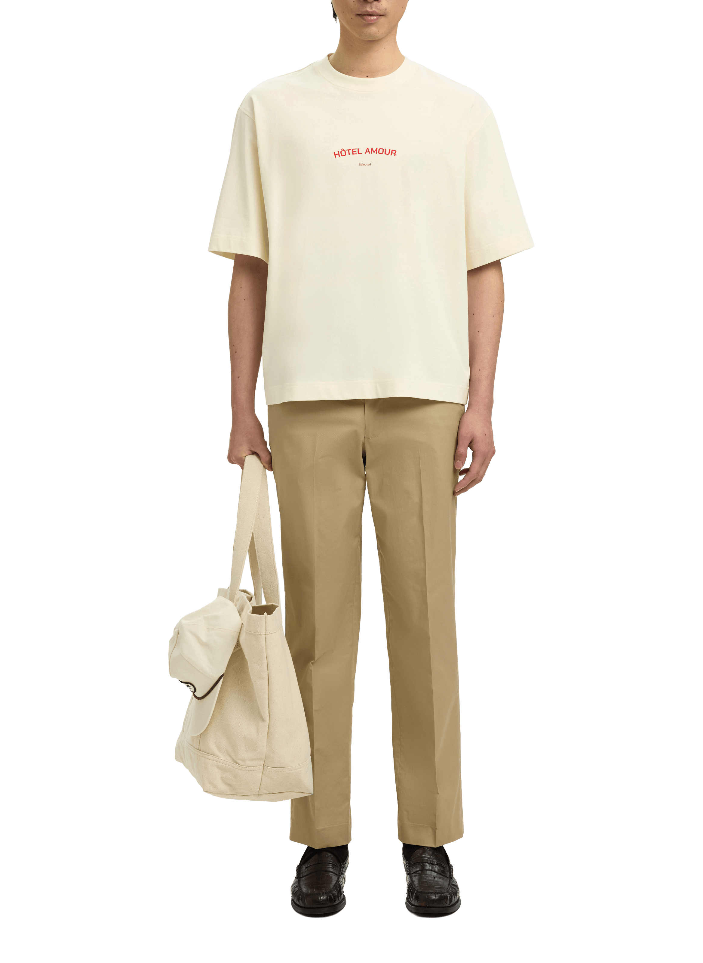 Cotton round-neck T-shirt SELECTED Beige