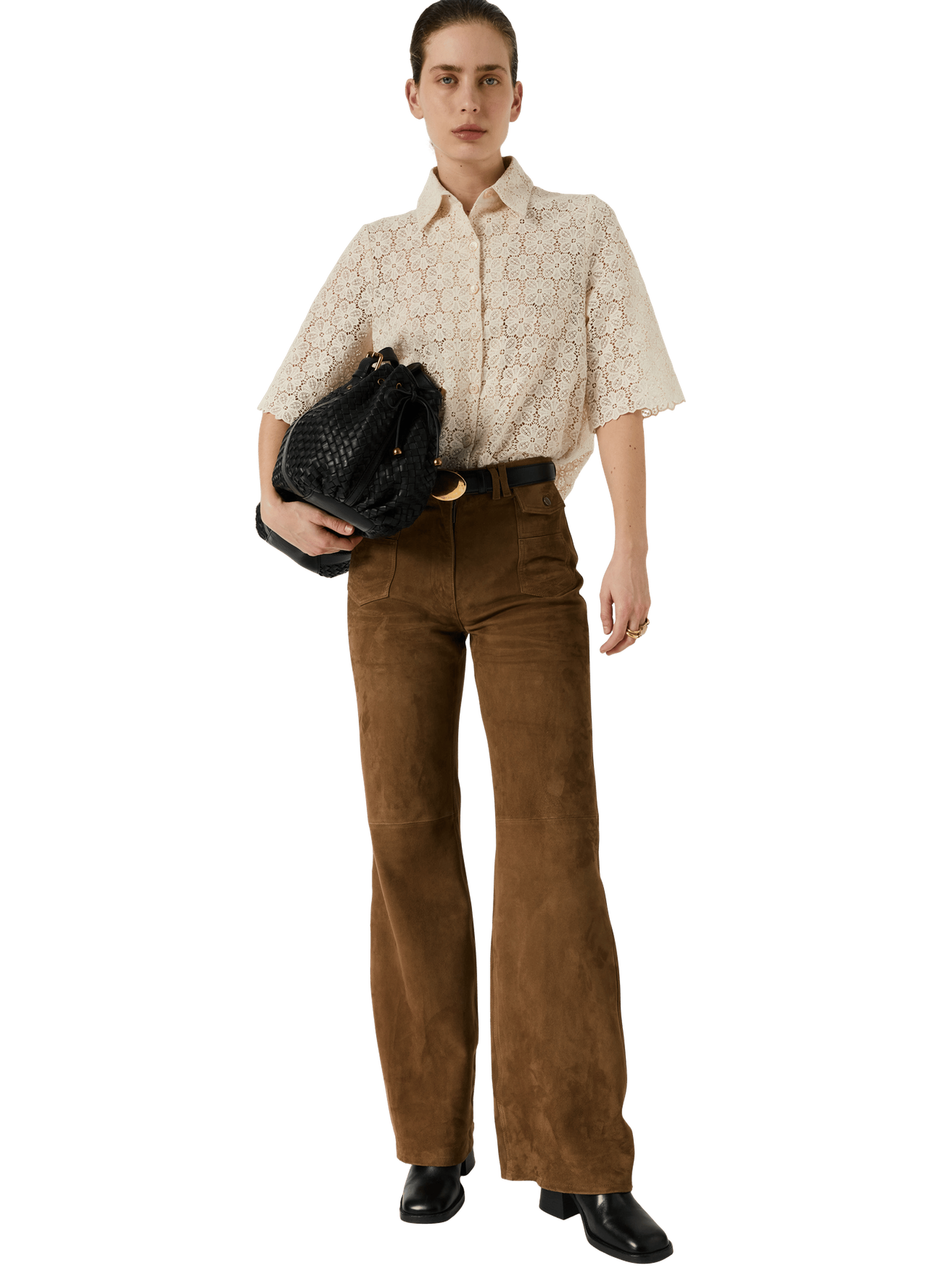 Pantalon flare en cuir velours Beige