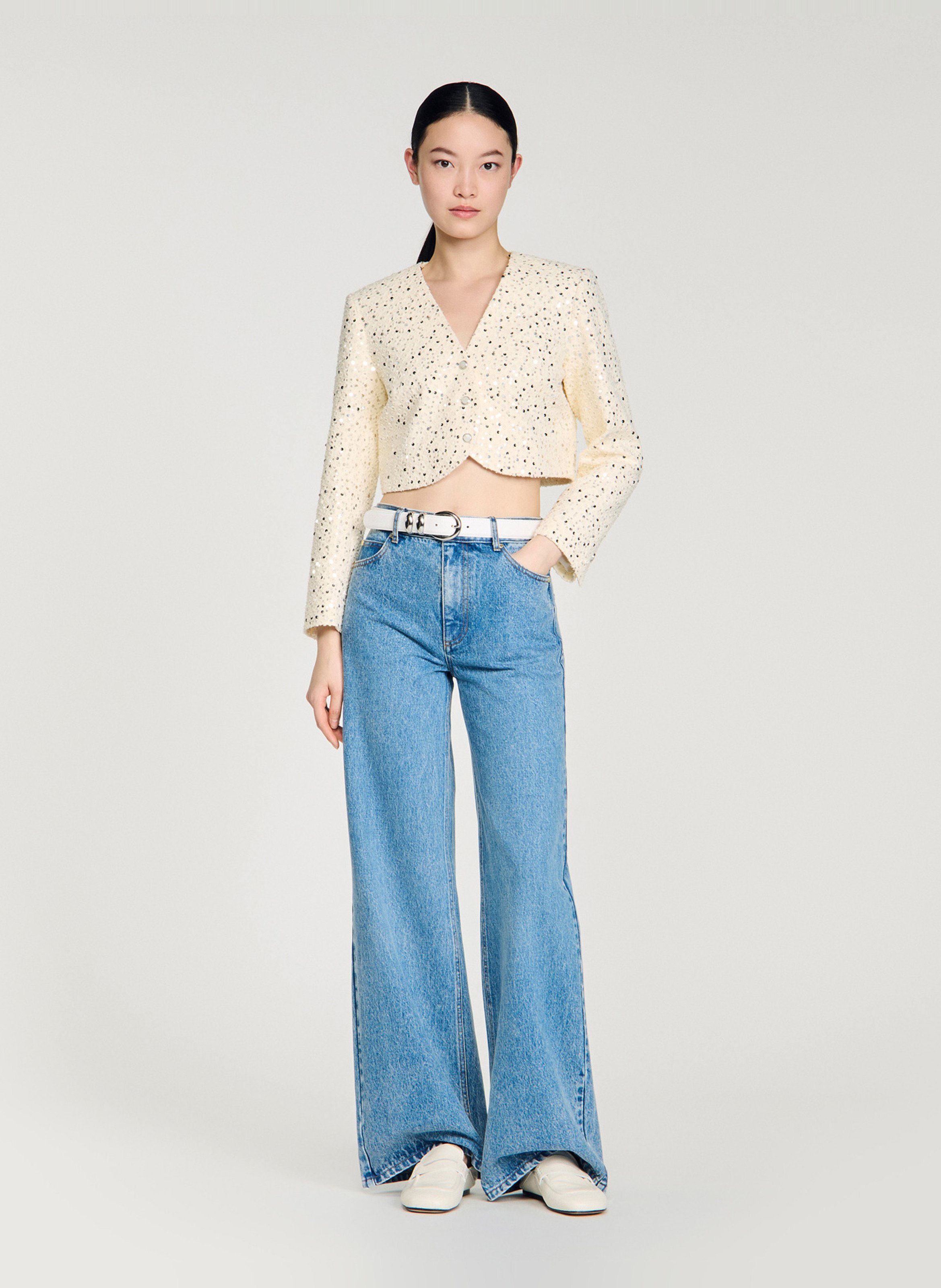 Veste courte col rond à sequins SANDRO Beige