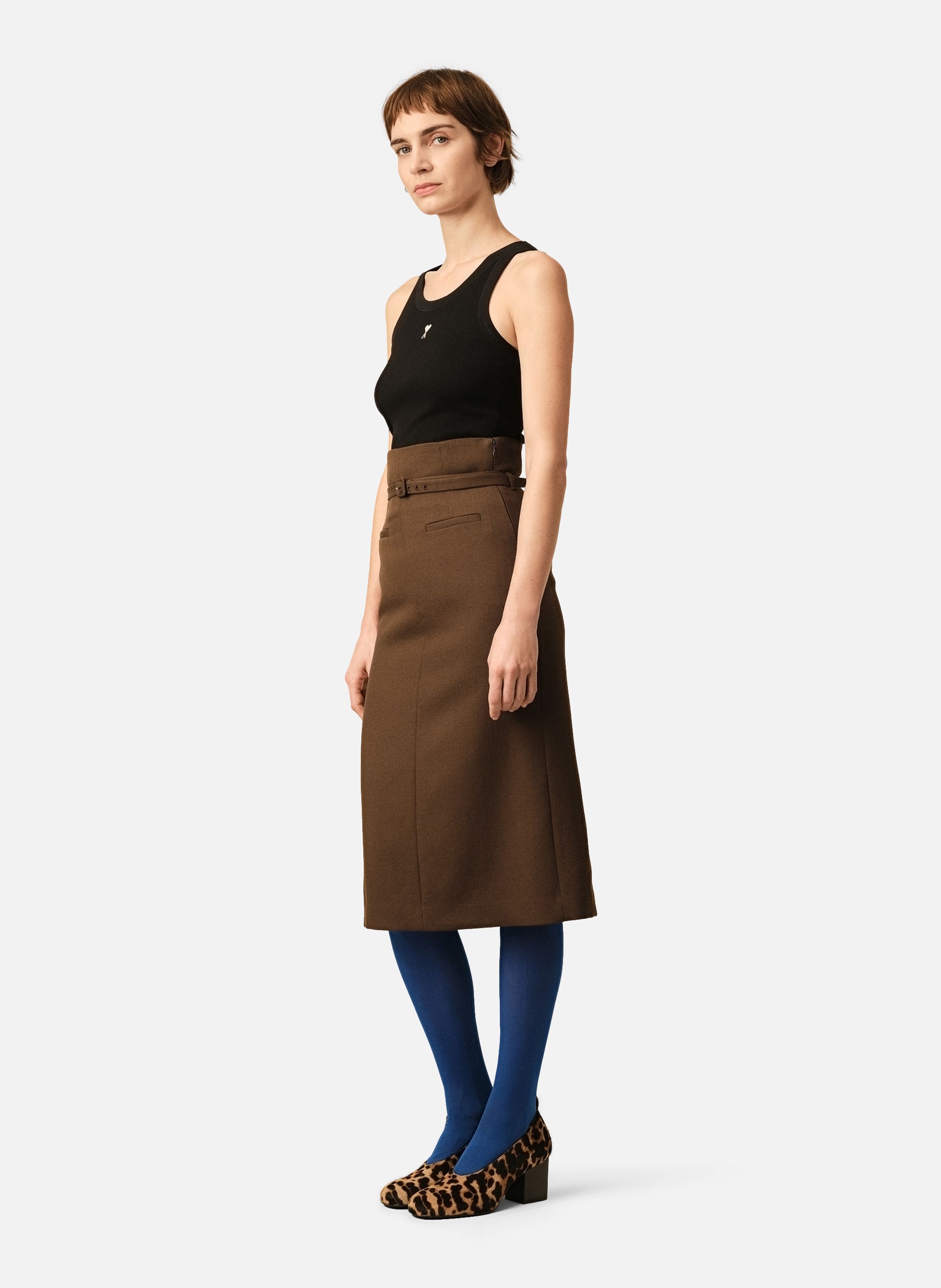 Jupe crayon ceinturée en laine AMI PARIS Marron