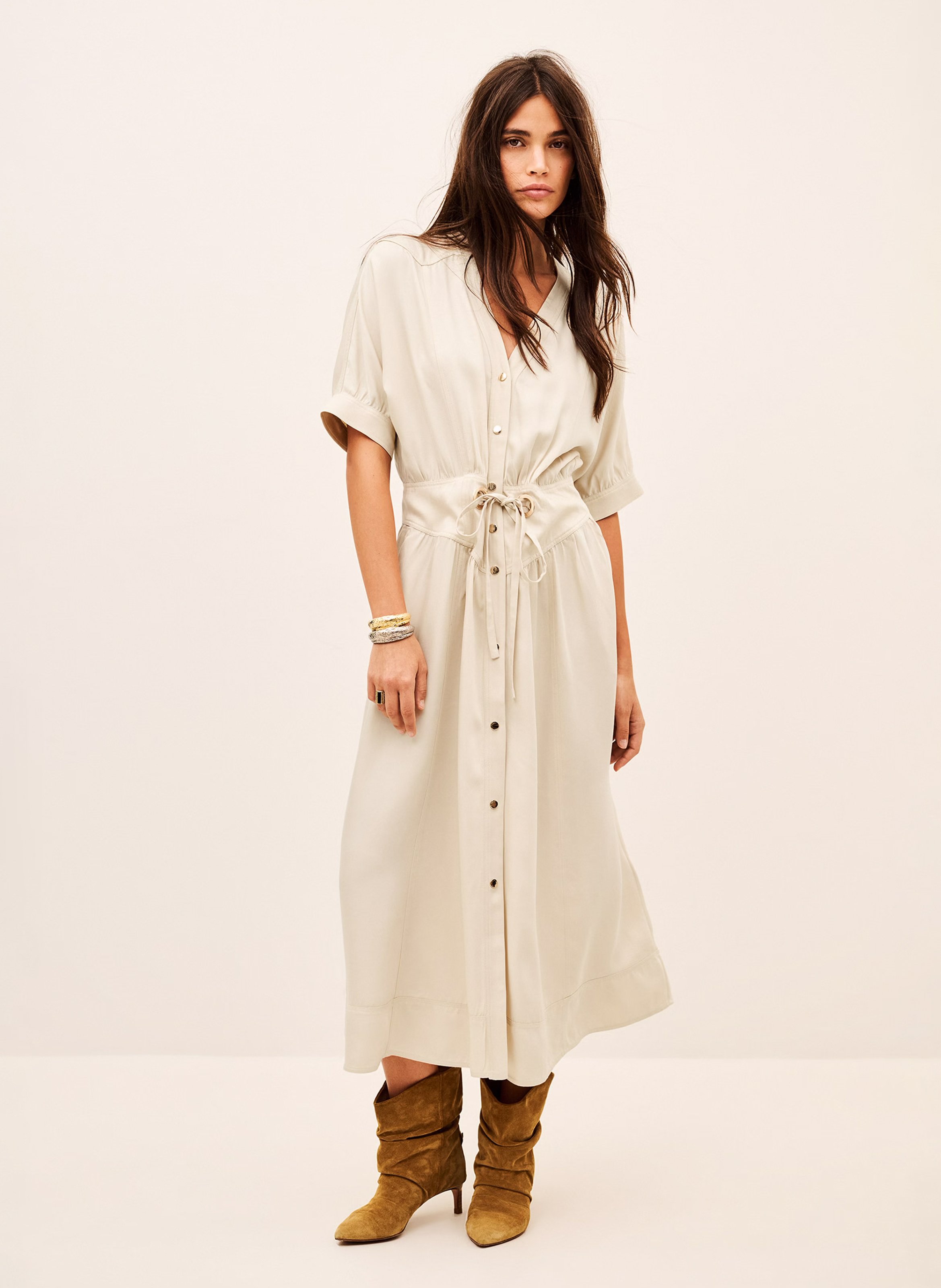 Robe chemise midi cintrée à manches courtes parisa BA&SH Beige