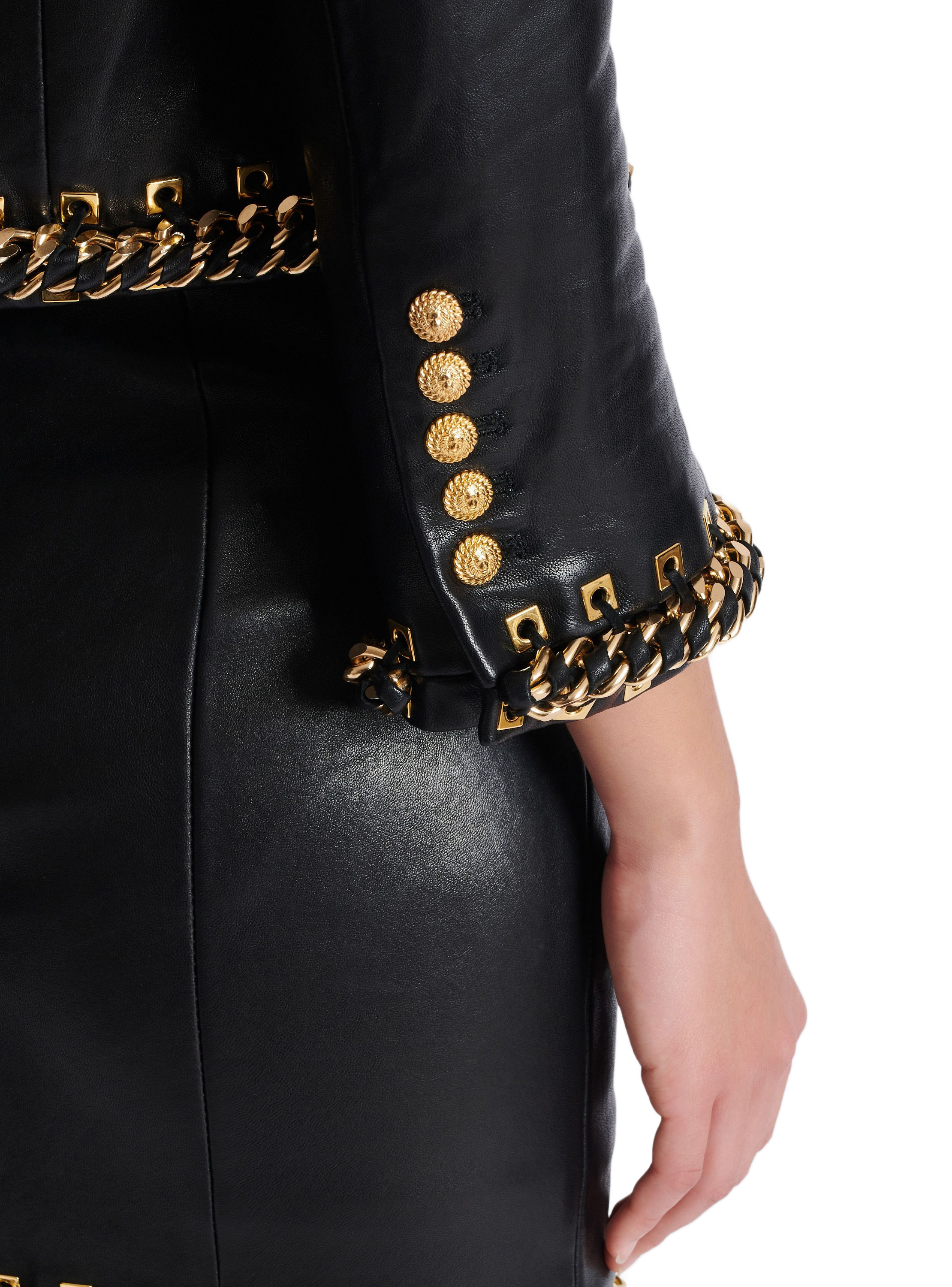 Veste bord à bord en cuir d'agneau avec chaînes BALMAIN Noir