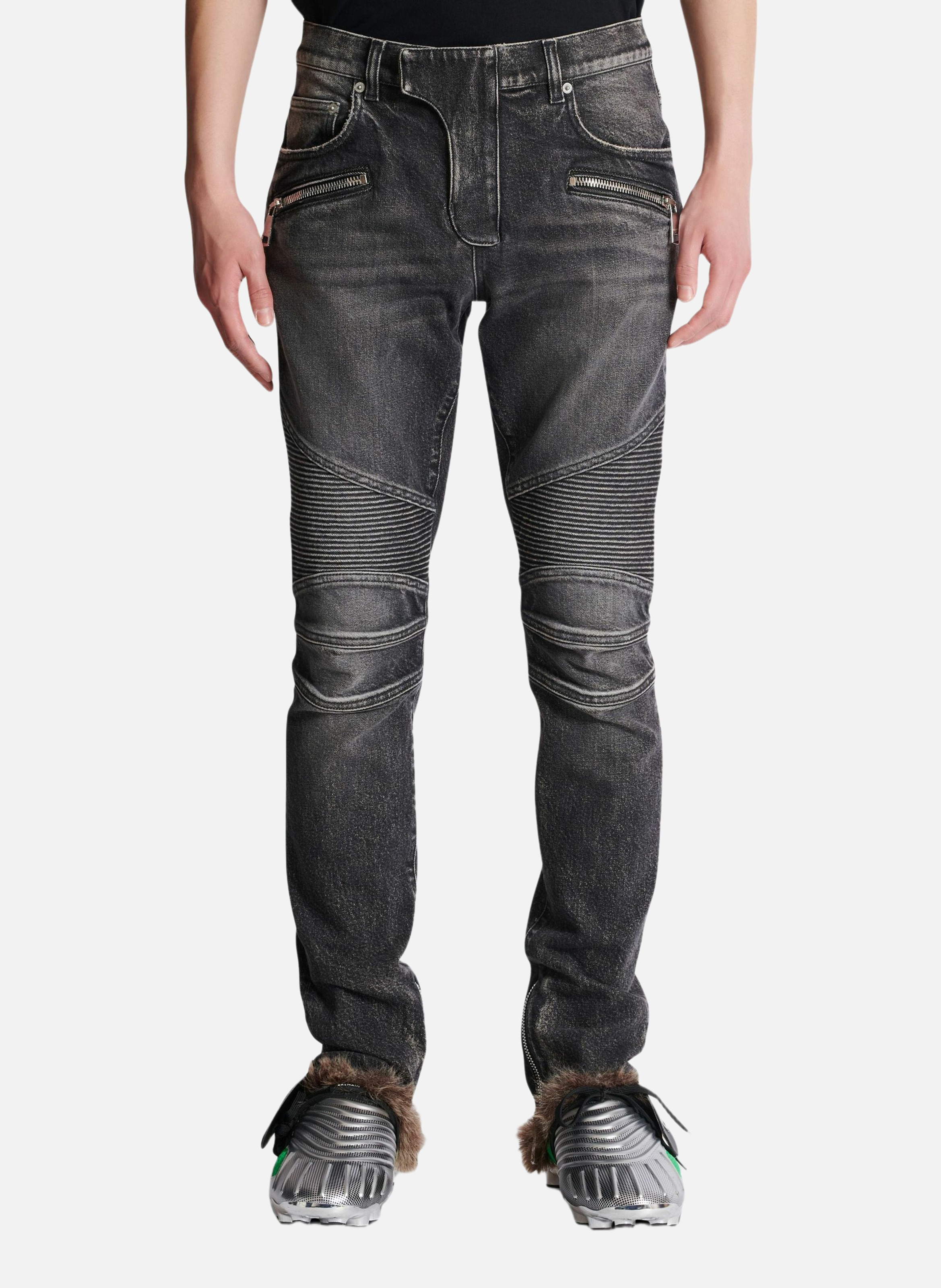 Pantalon biker slim en denim BALMAIN Gris