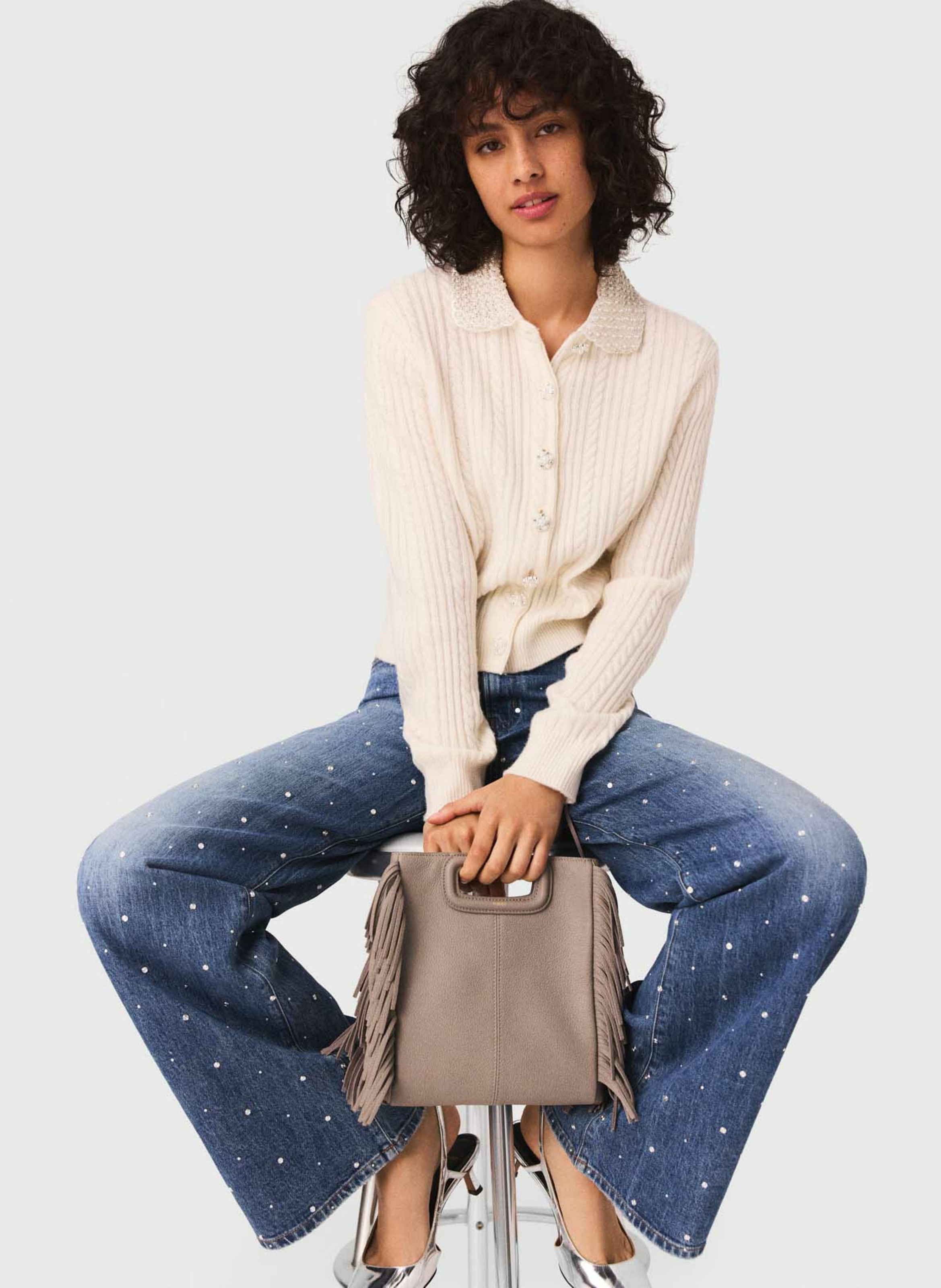 Cardigan en maille tressée avec strass MAJE Beige