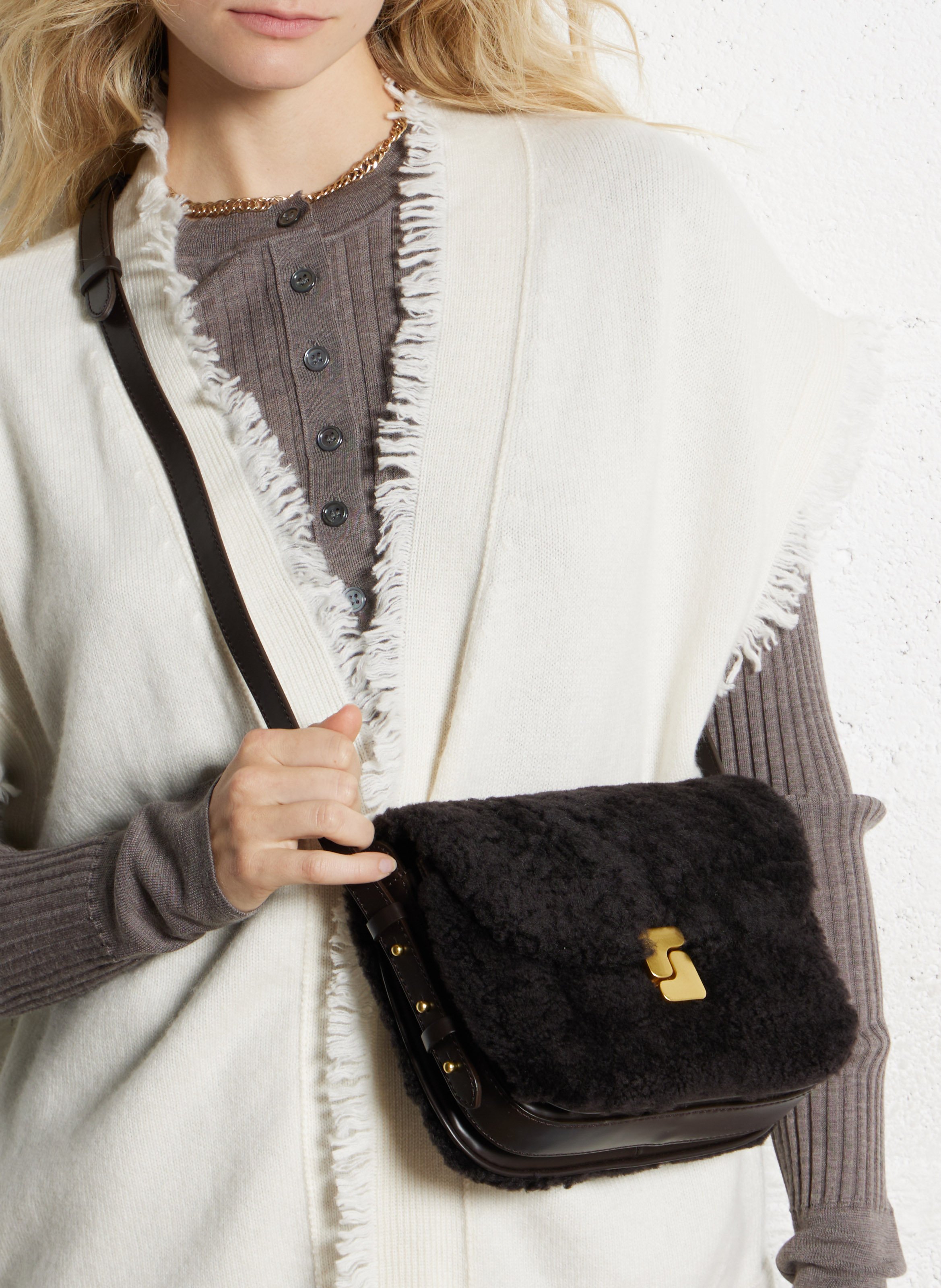 Sac bi-matière en cuir glacé et shearling bellissima mini SOEUR Marron