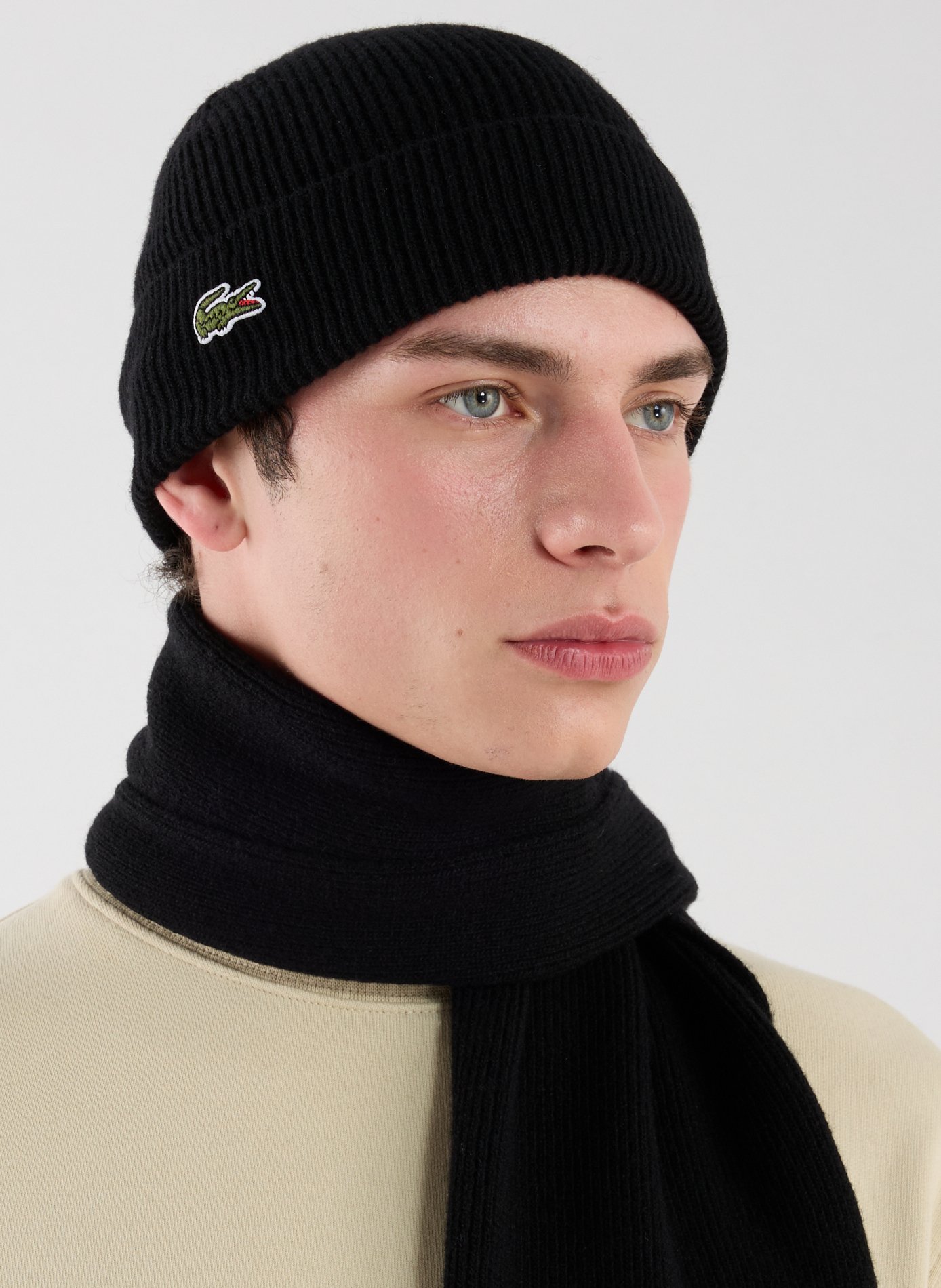 Wool scarf and beanie set LACOSTE Black