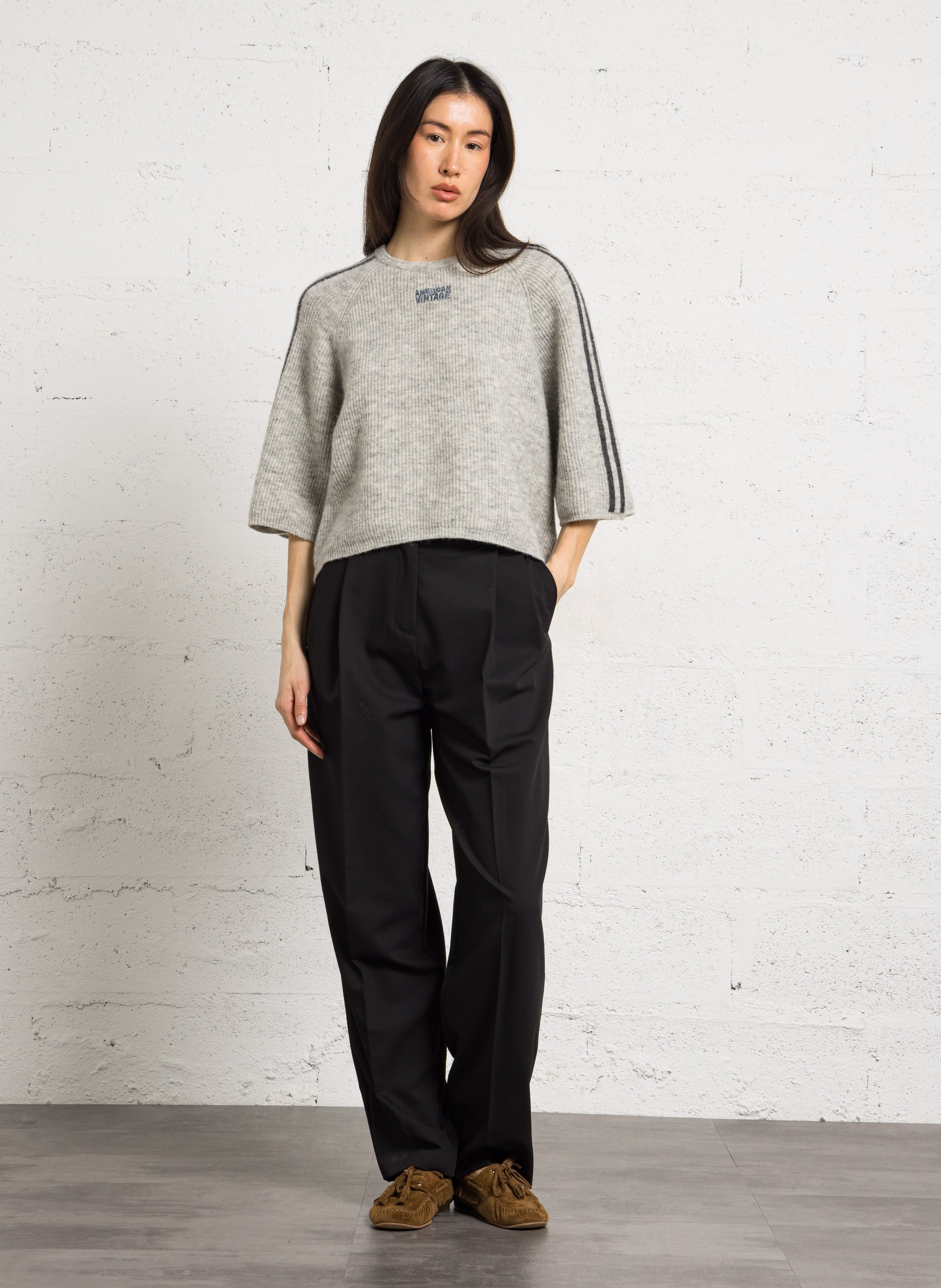 Pull ample col rond brodé en alpaga mélangé vitow AMERICAN VINTAGE Gris