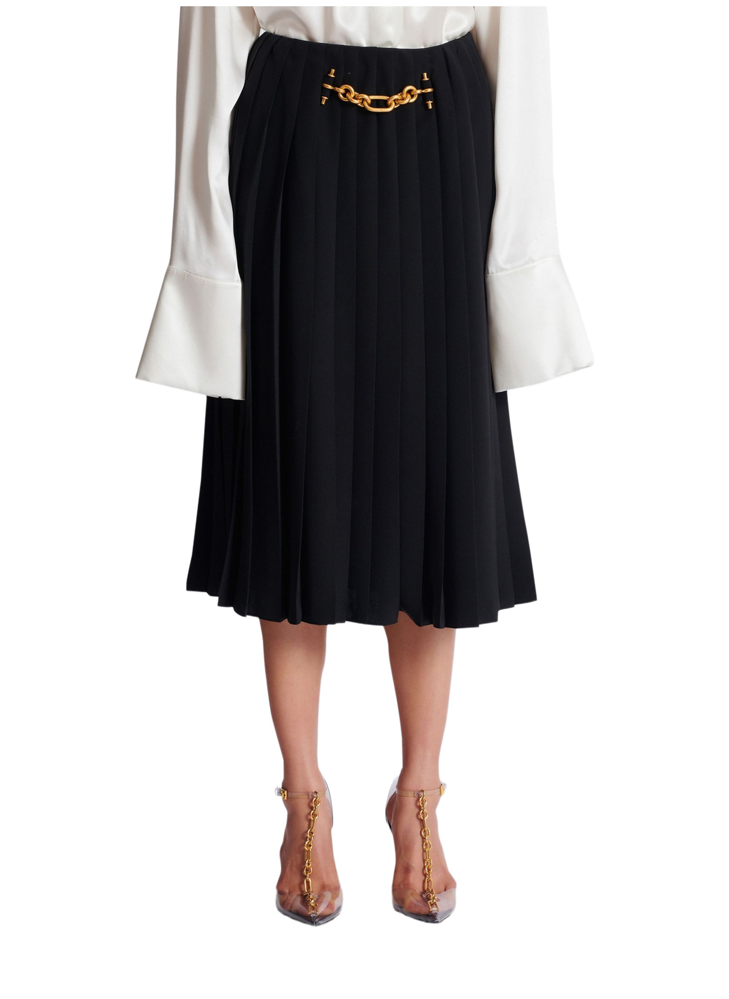 Jupe midi en soie plissée avec détail bijou BALMAIN Noir