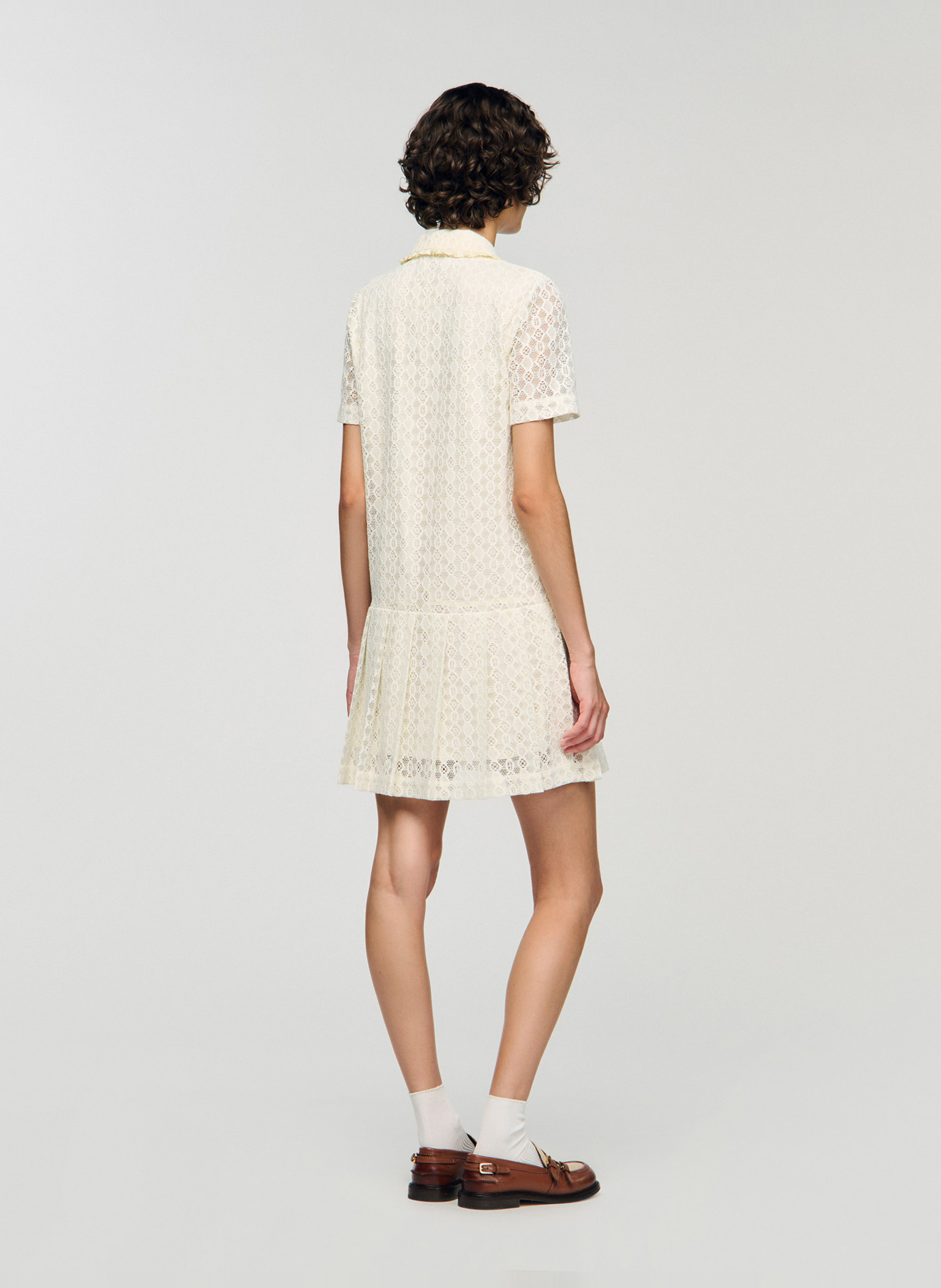 Robe courte col chemise en dentelle SANDRO Beige