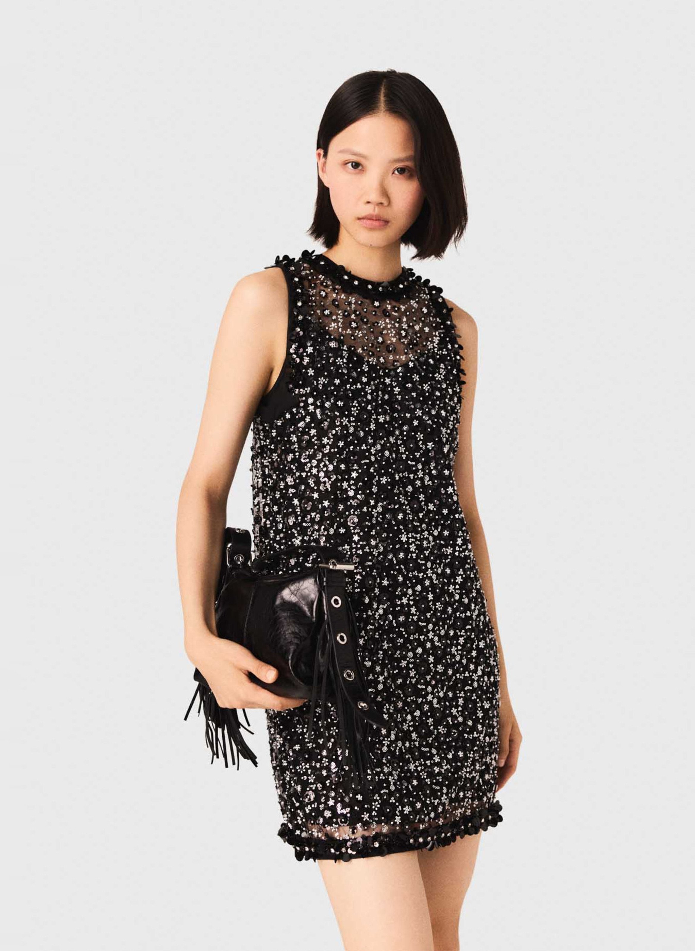 Robe courte col rond vrodée MAJE Noir