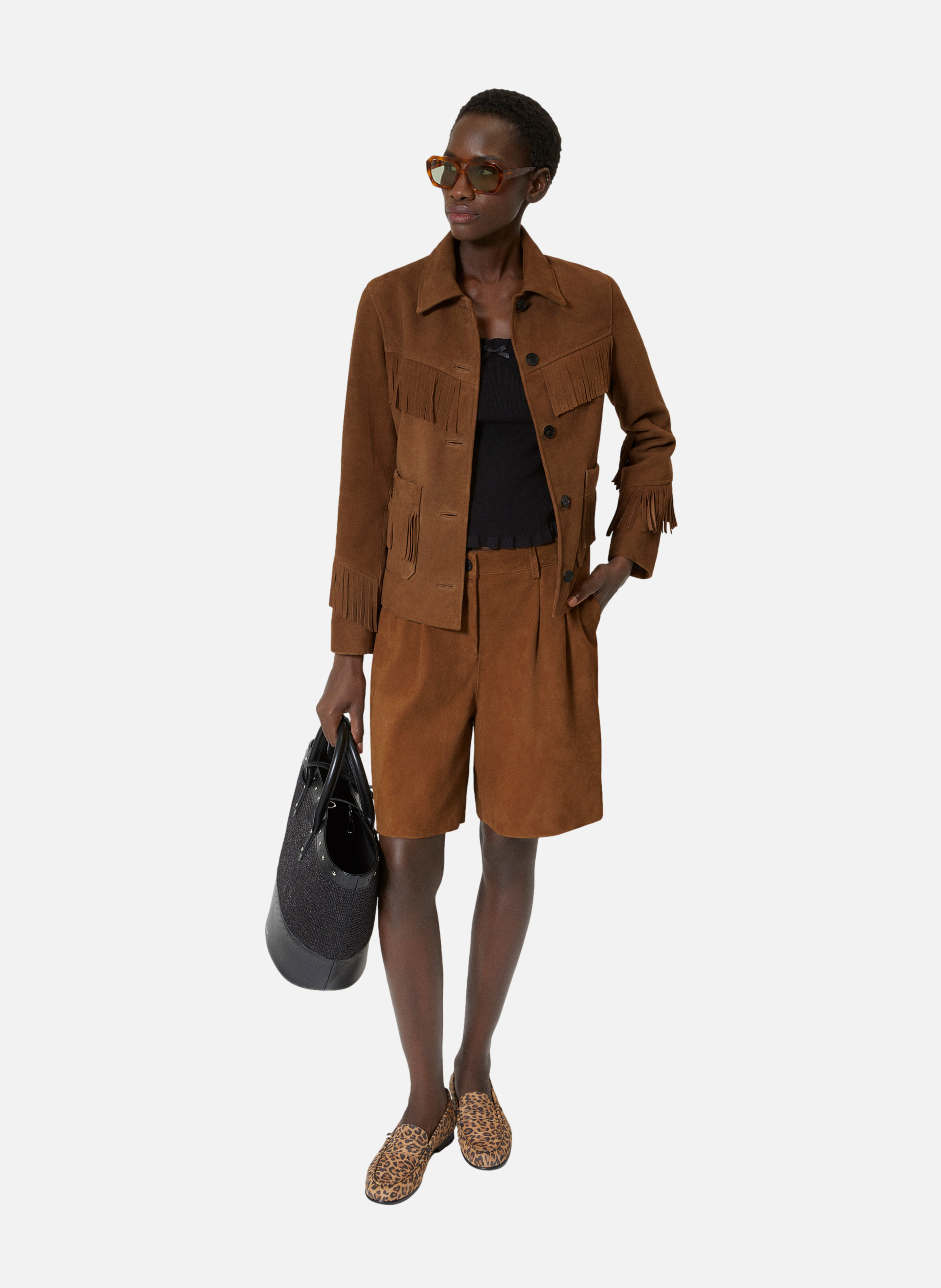 Blouson en cuir suède avec franges THE KOOPLES Marron