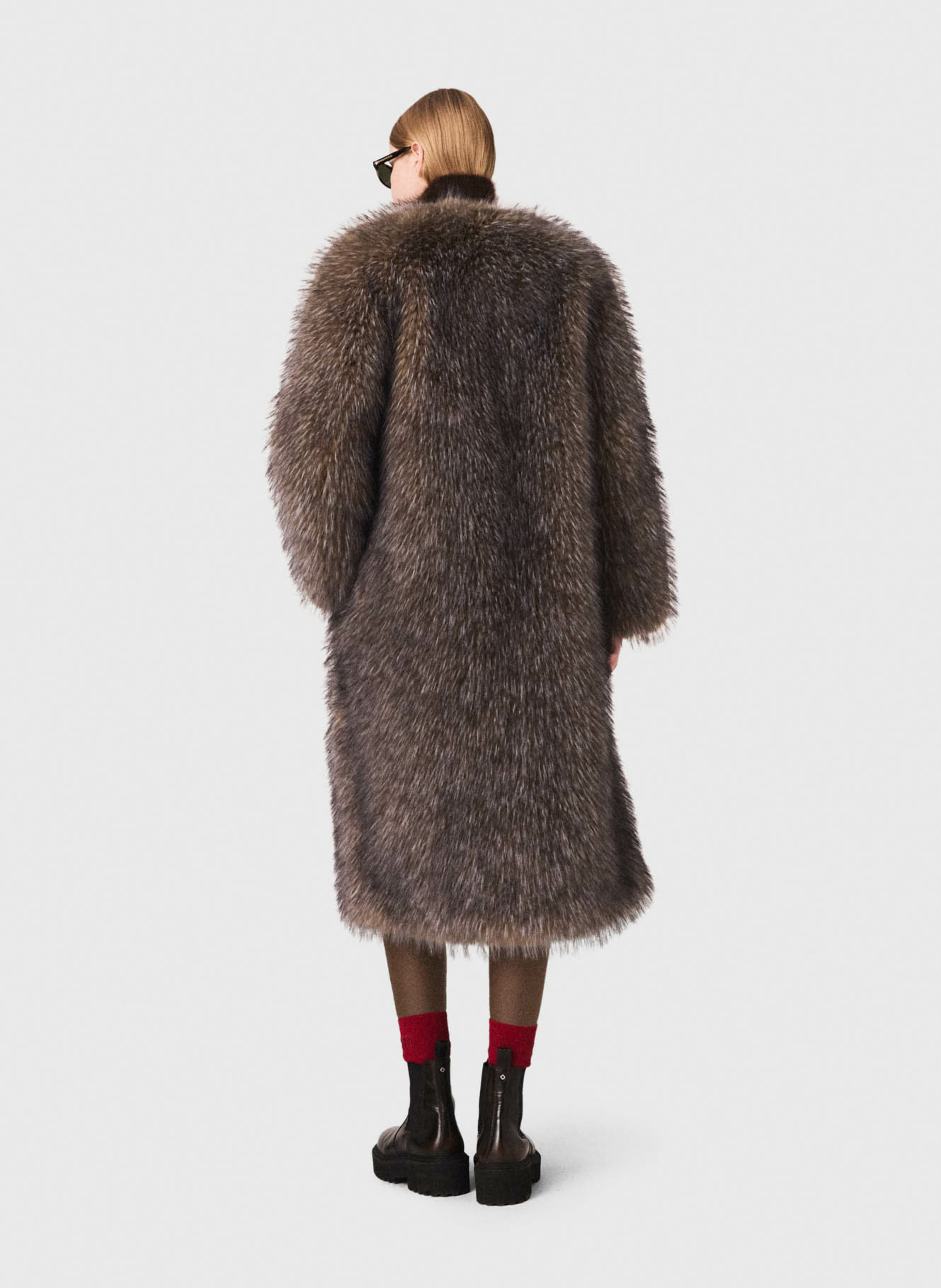 Manteau col rond effet fourrure MAJE Gris