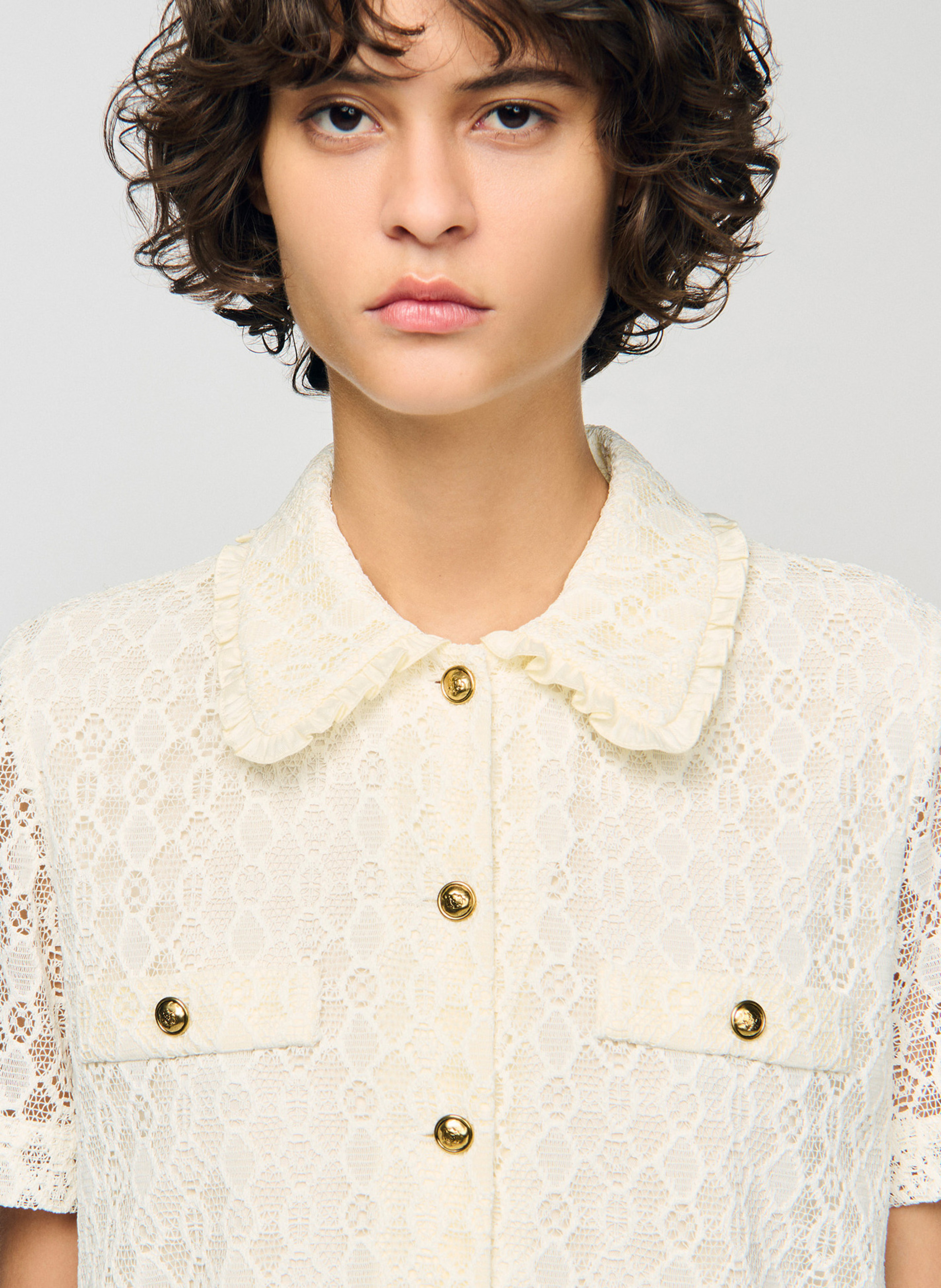 Robe courte col chemise en dentelle SANDRO Beige