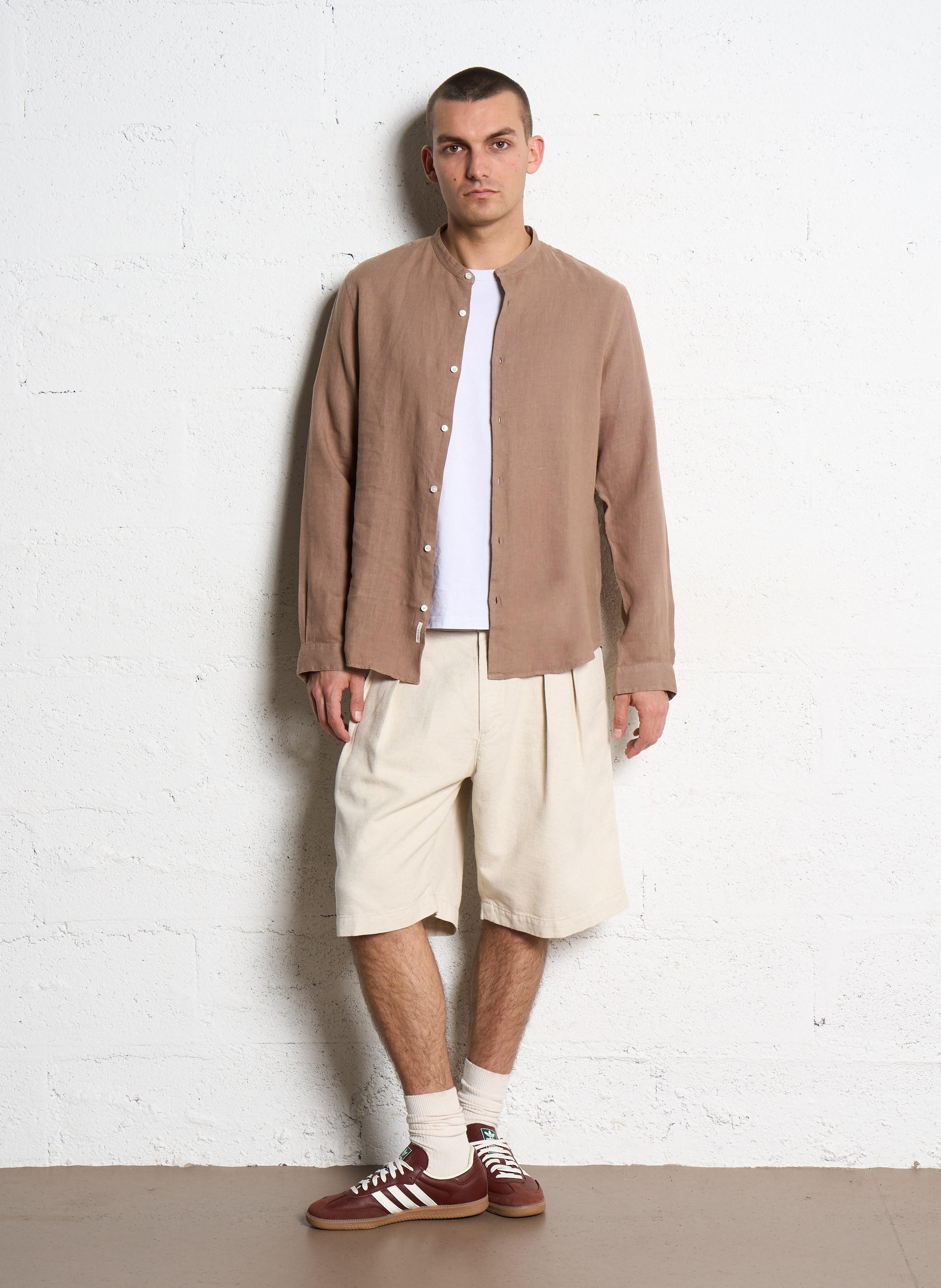 Chemise droite col rond en lin IKKS Marron