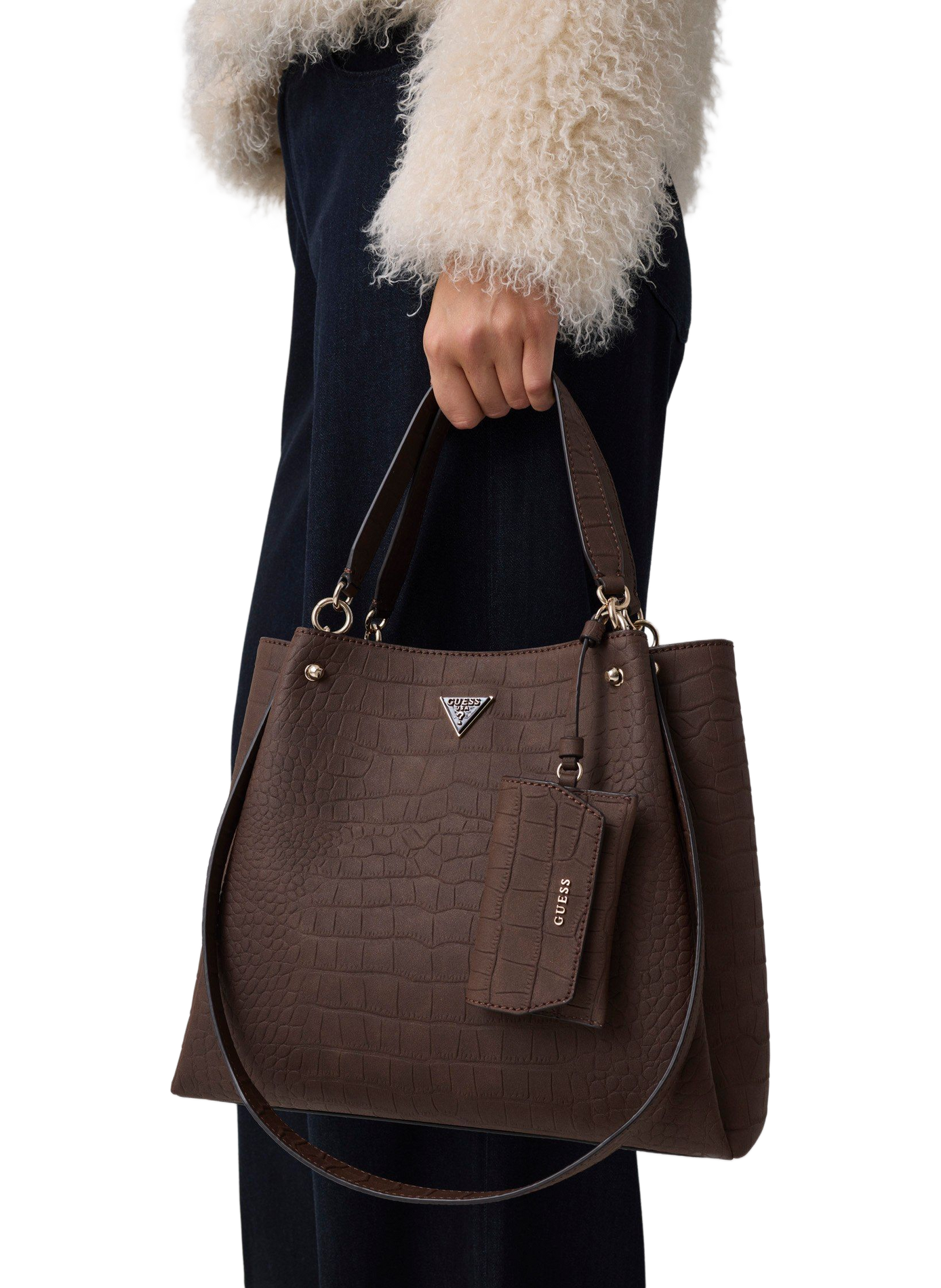 Sac à main effet croco GUESS Marron