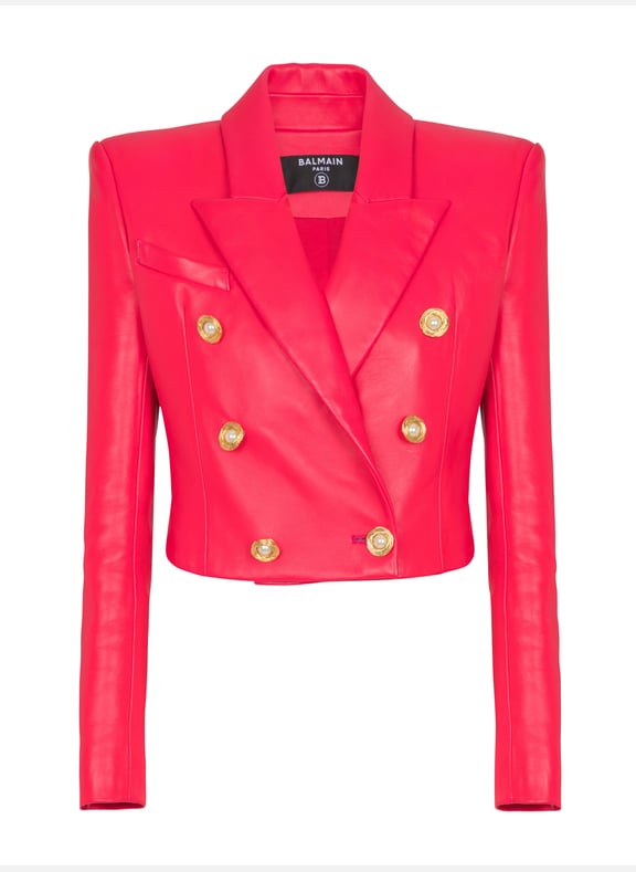 Veste 6boutons courte en cuir d'agneau Rose by BALMAIN BALMAIN Veste 6boutons courte en cuir d'agneau Rose