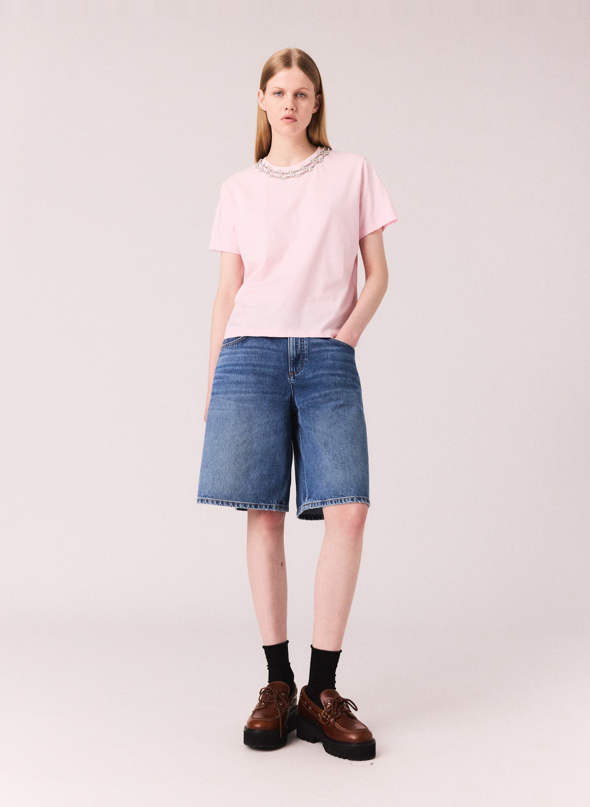Tee-shirt col rond en coton MAJE Rose