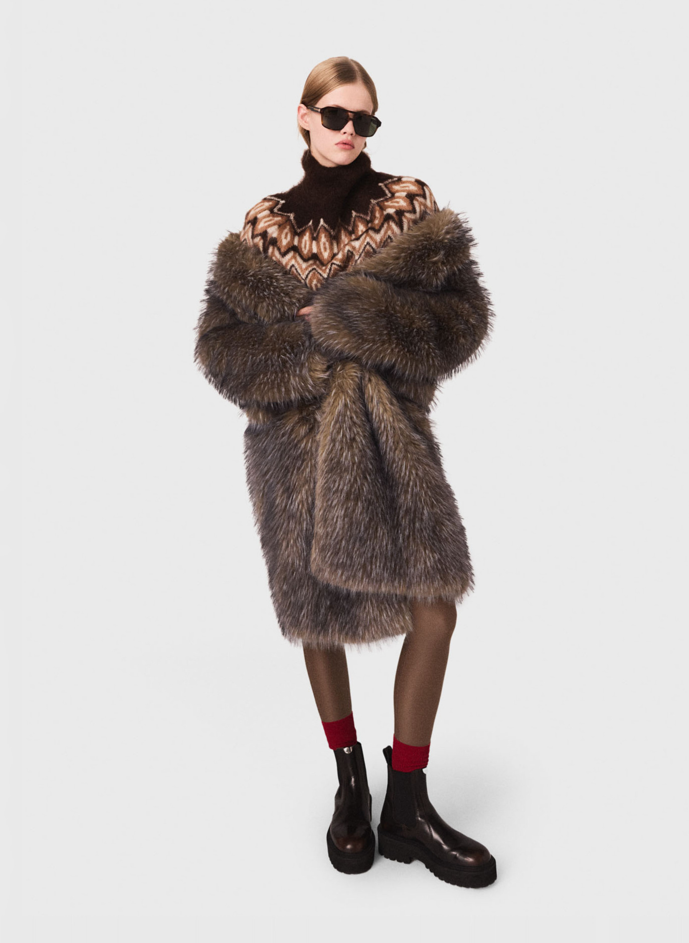 Manteau col rond effet fourrure MAJE Gris