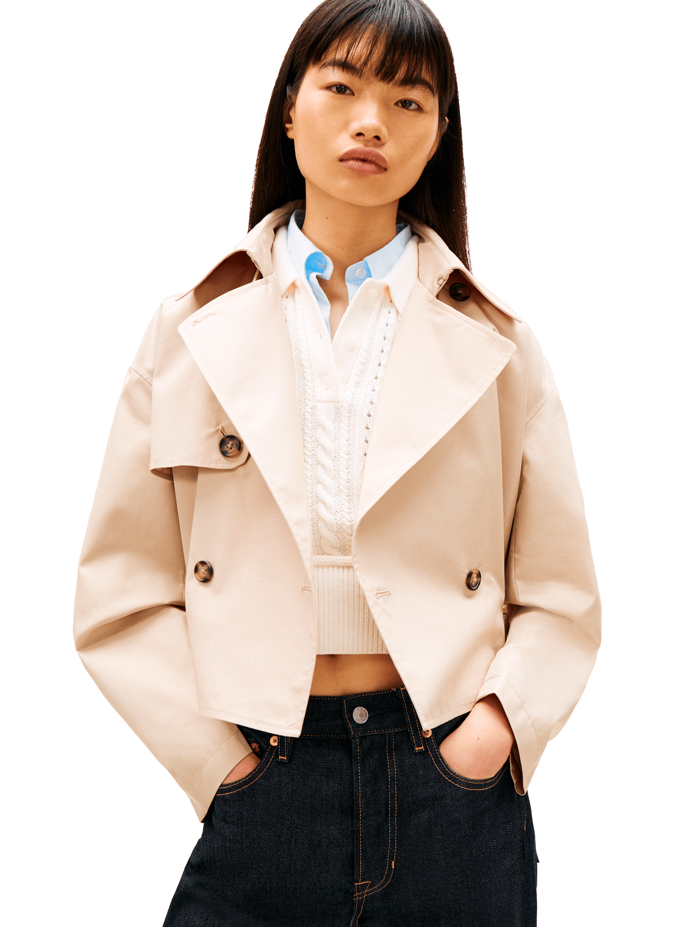 Gabardina corta casual repelente al agua de mezcla de algodón. TOMMY HILFIGER Beige