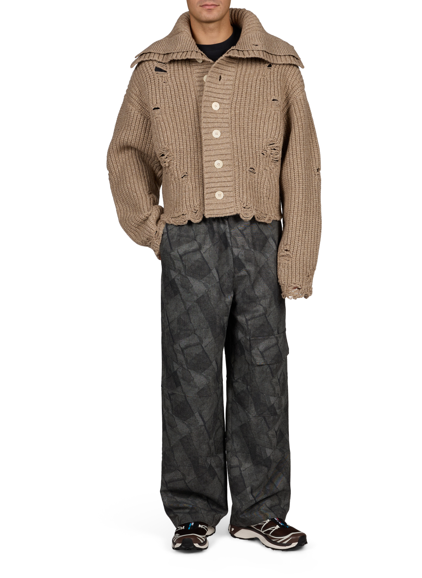Double-collar cardigan in distressed-effect wool blend SEAN SUEN Beige