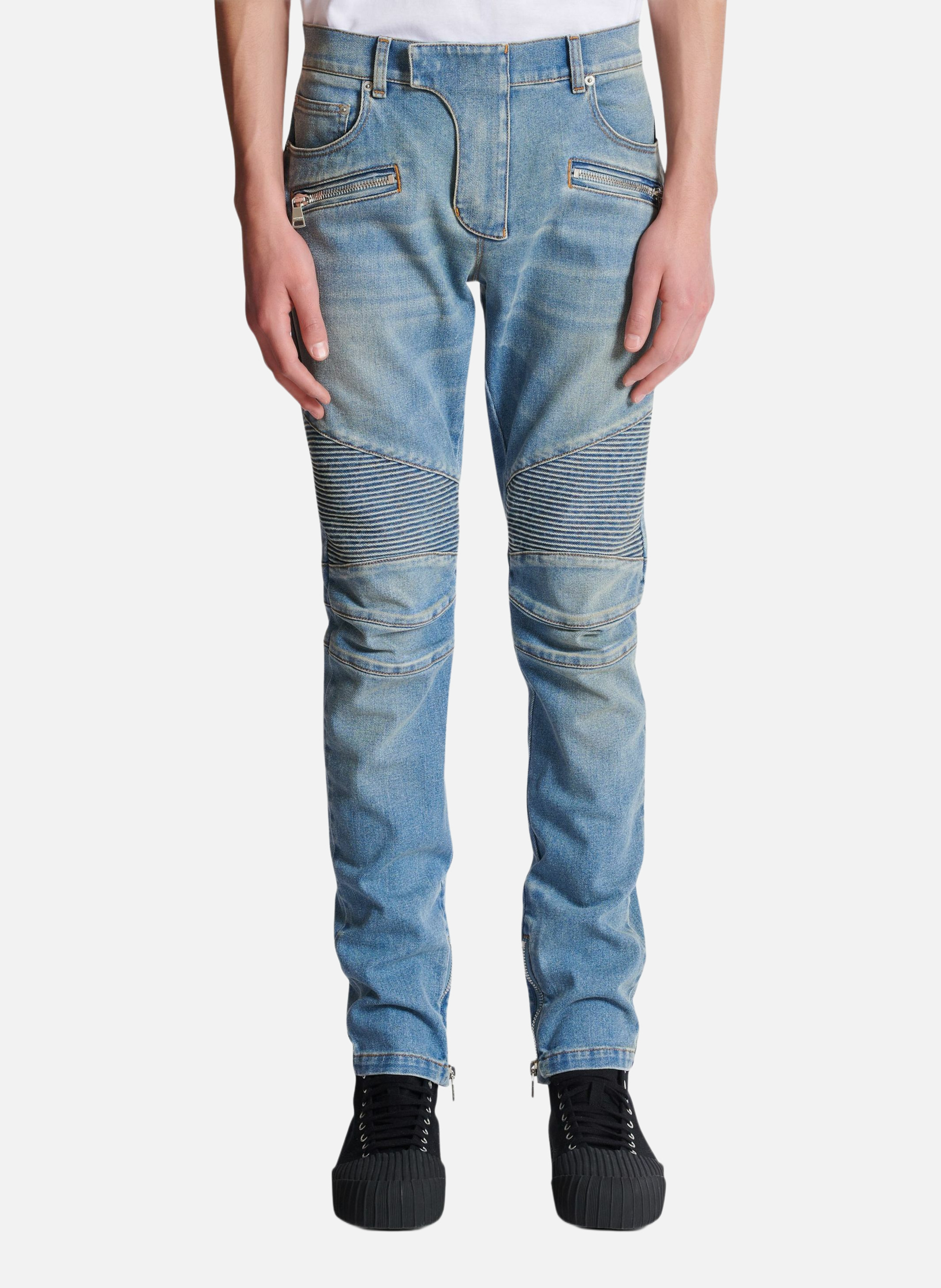 Pantalon biker slim en denim BALMAIN Bleu
