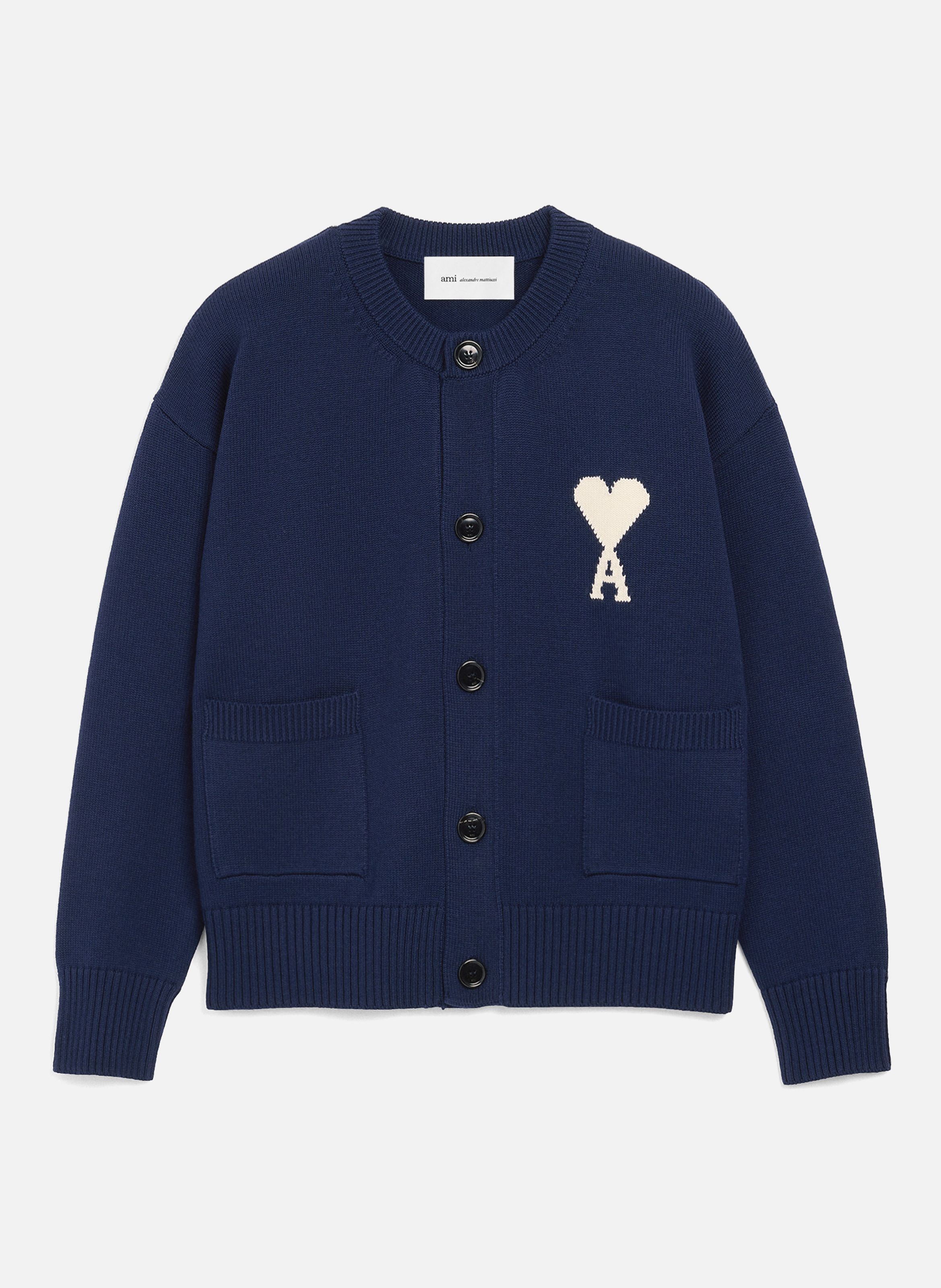 Cardigan col rond ami de coeur en laine unisexe AMI PARIS Bleu