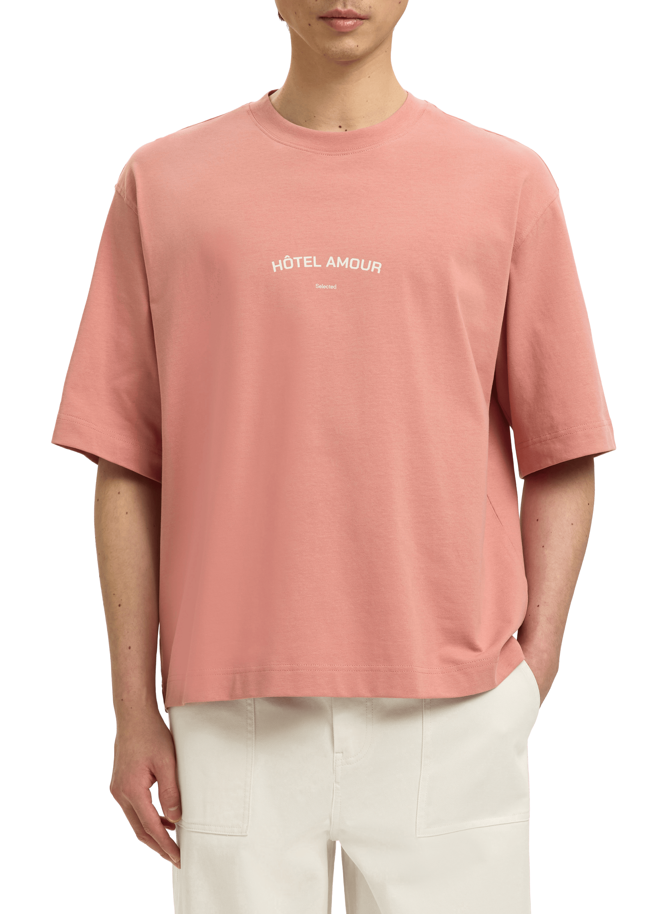 Cotton round-neck T-shirt SELECTED Pink