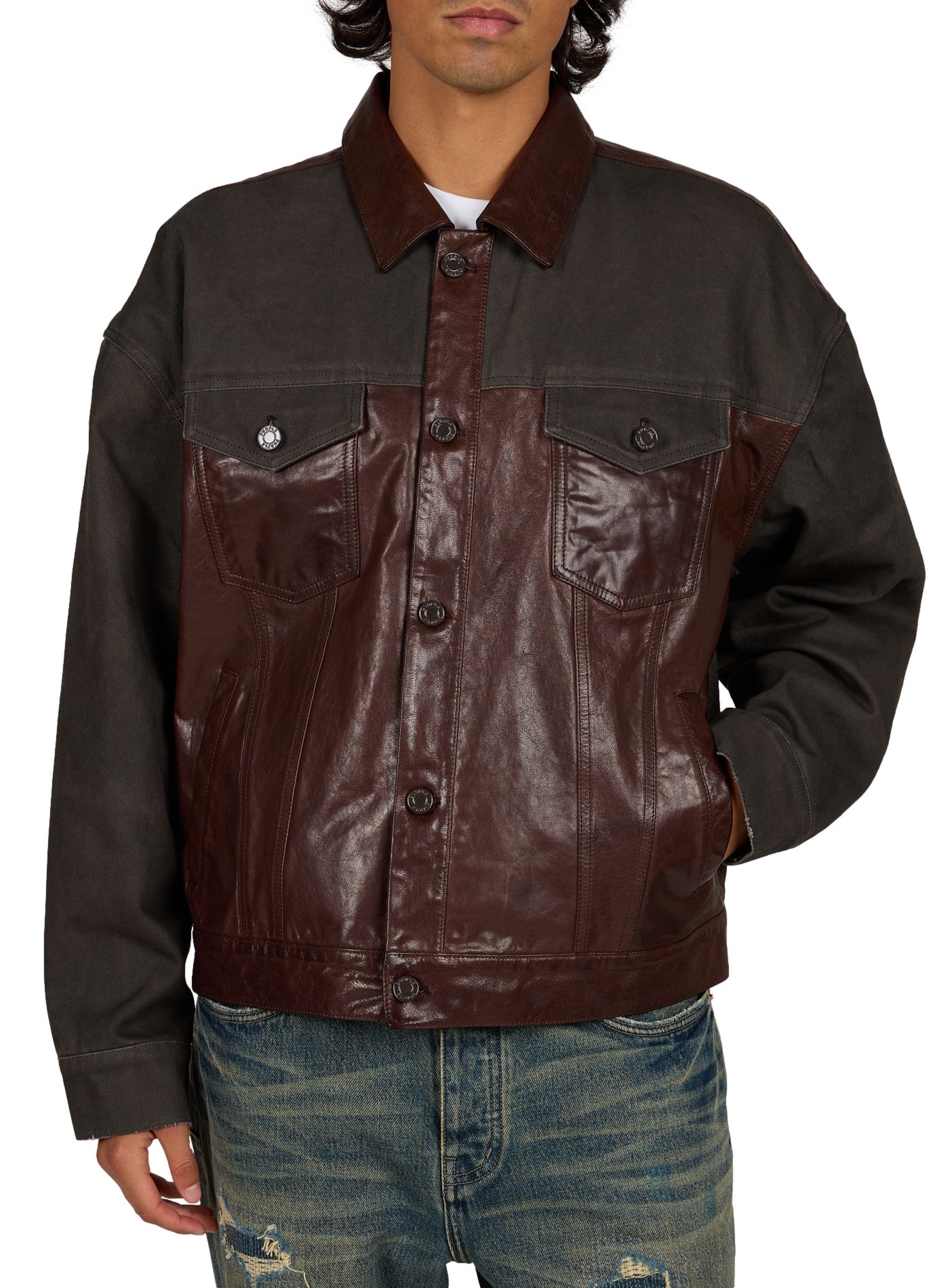 Oversized bi-material jacket in cotton and leather PURPLE BRAND Brown