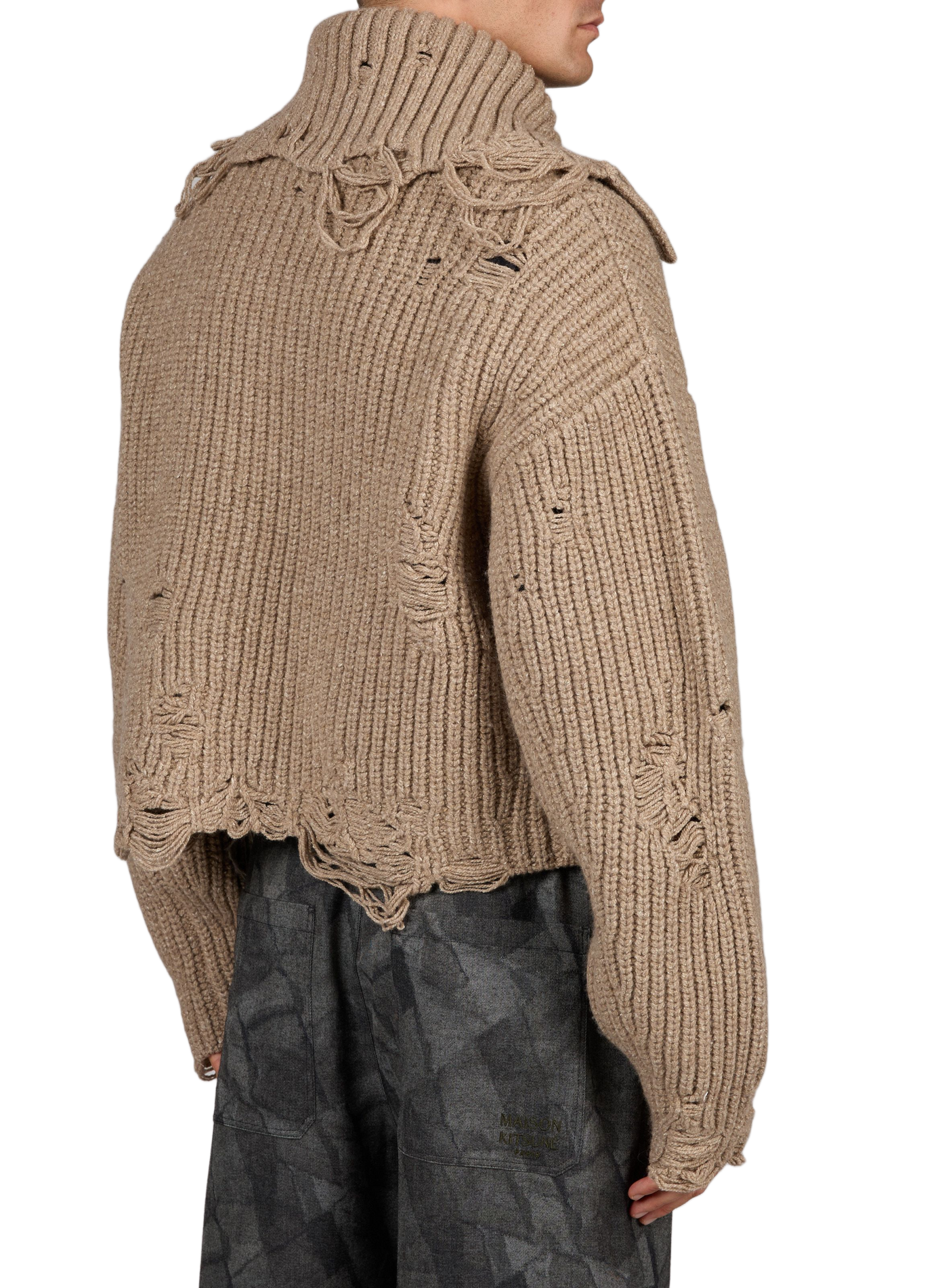 Double-collar cardigan in distressed-effect wool blend SEAN SUEN Beige