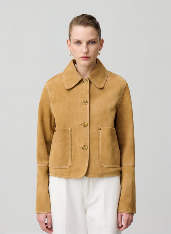 Veste col classique en cuir velours Beige by CLAUDIE PIERLOT CLAUDIE PIERLOT Veste col classique en cuir velours Beige