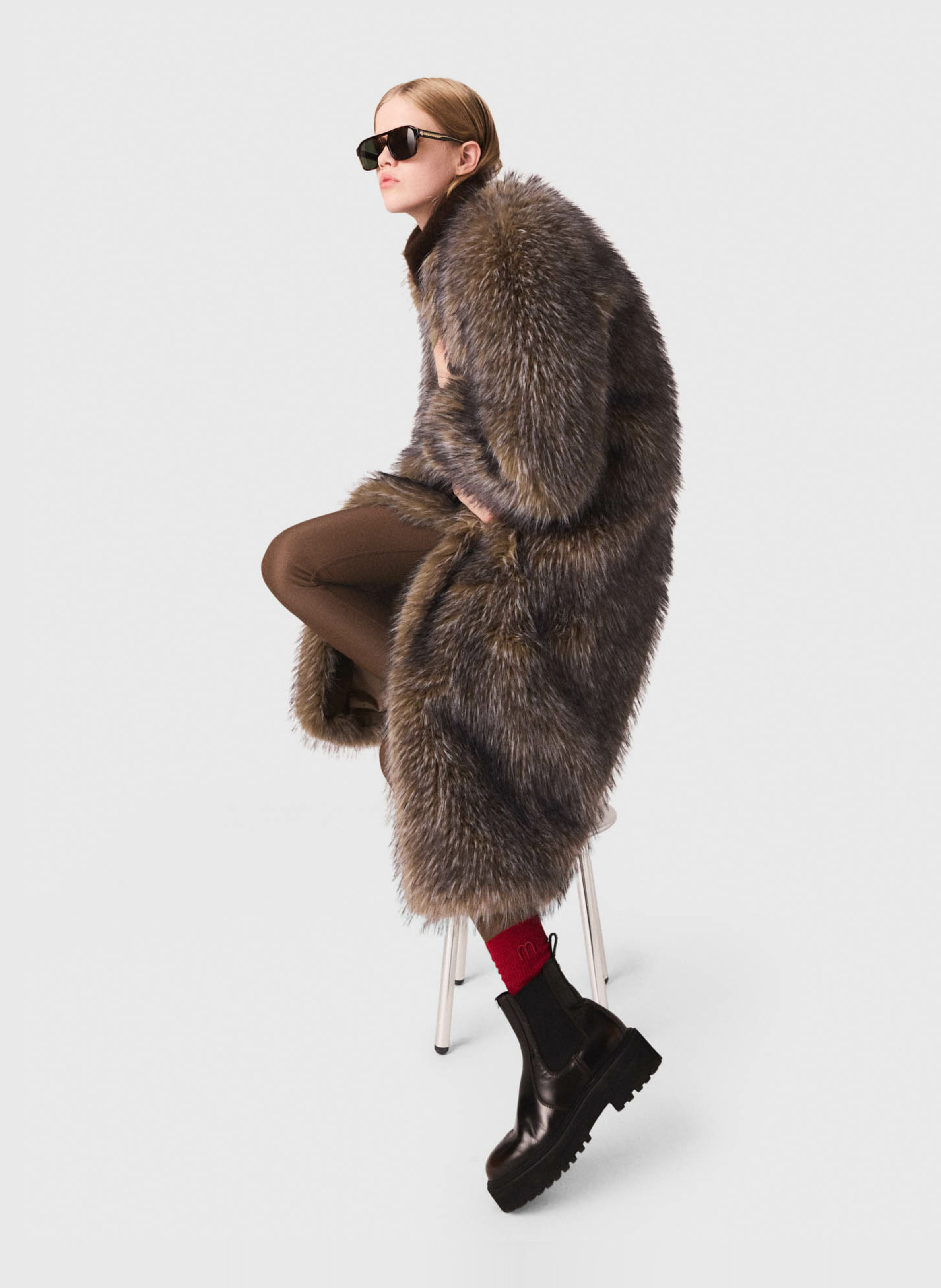 Manteau col rond effet fourrure MAJE Gris