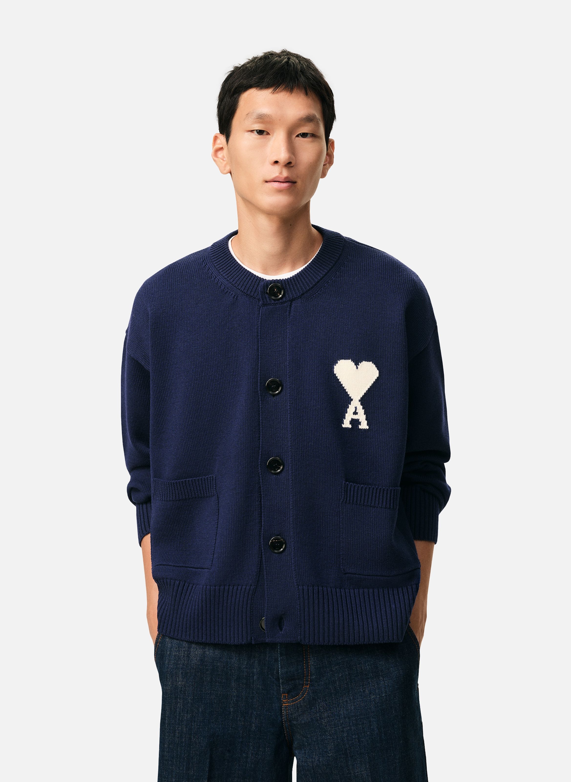 Cardigan col rond ami de coeur en laine unisexe AMI PARIS Bleu