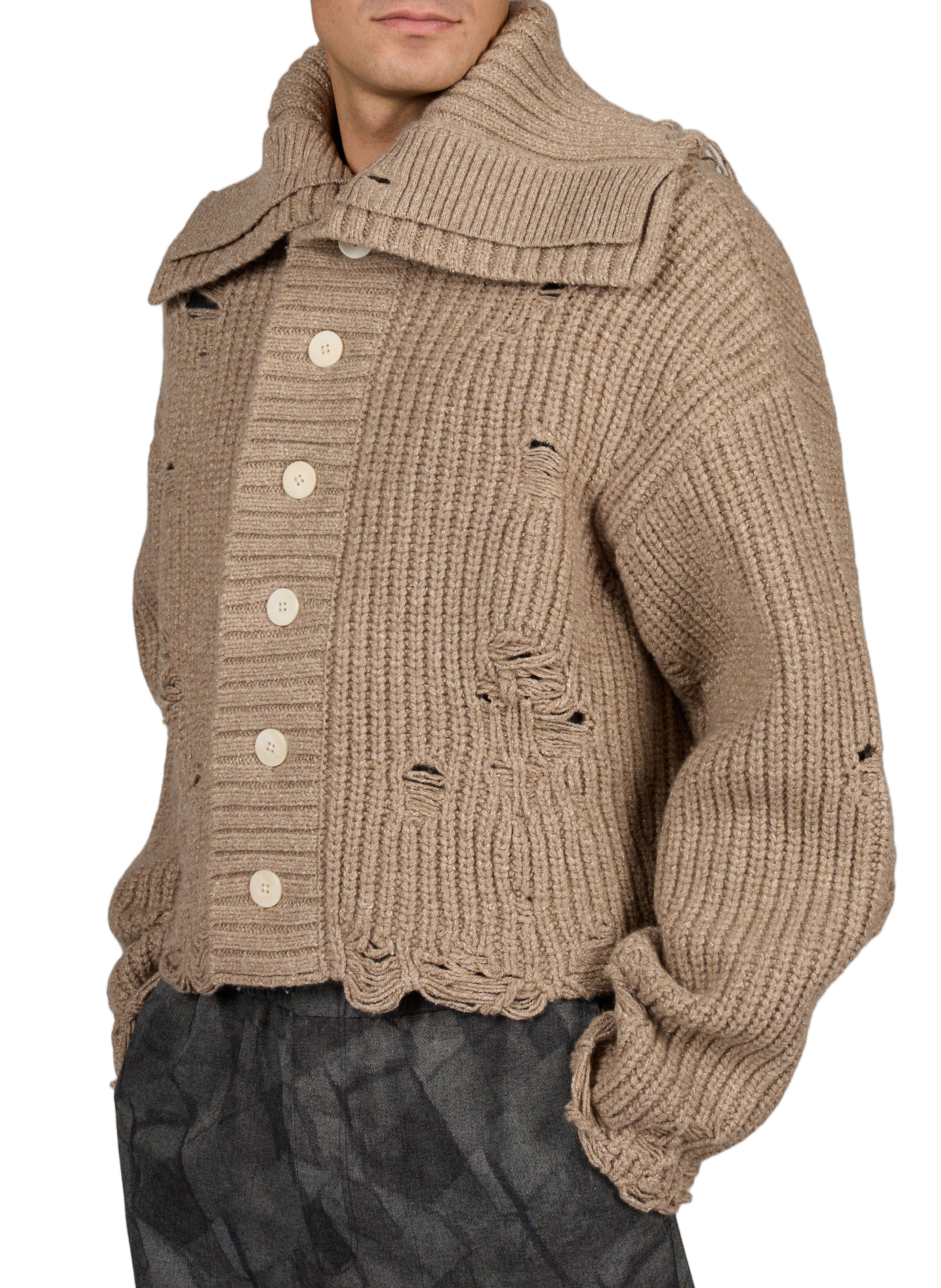 Double-collar cardigan in distressed-effect wool blend SEAN SUEN Beige