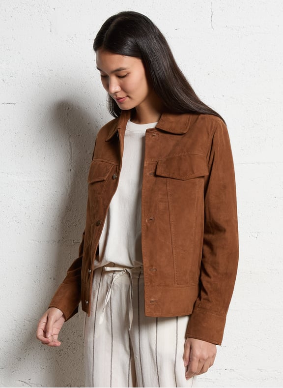 Veste droite boutonnée en cuir suédé fierce Doré by MAISON 123 MAISON 123 Veste droite boutonnée en cuir suédé fierce Doré