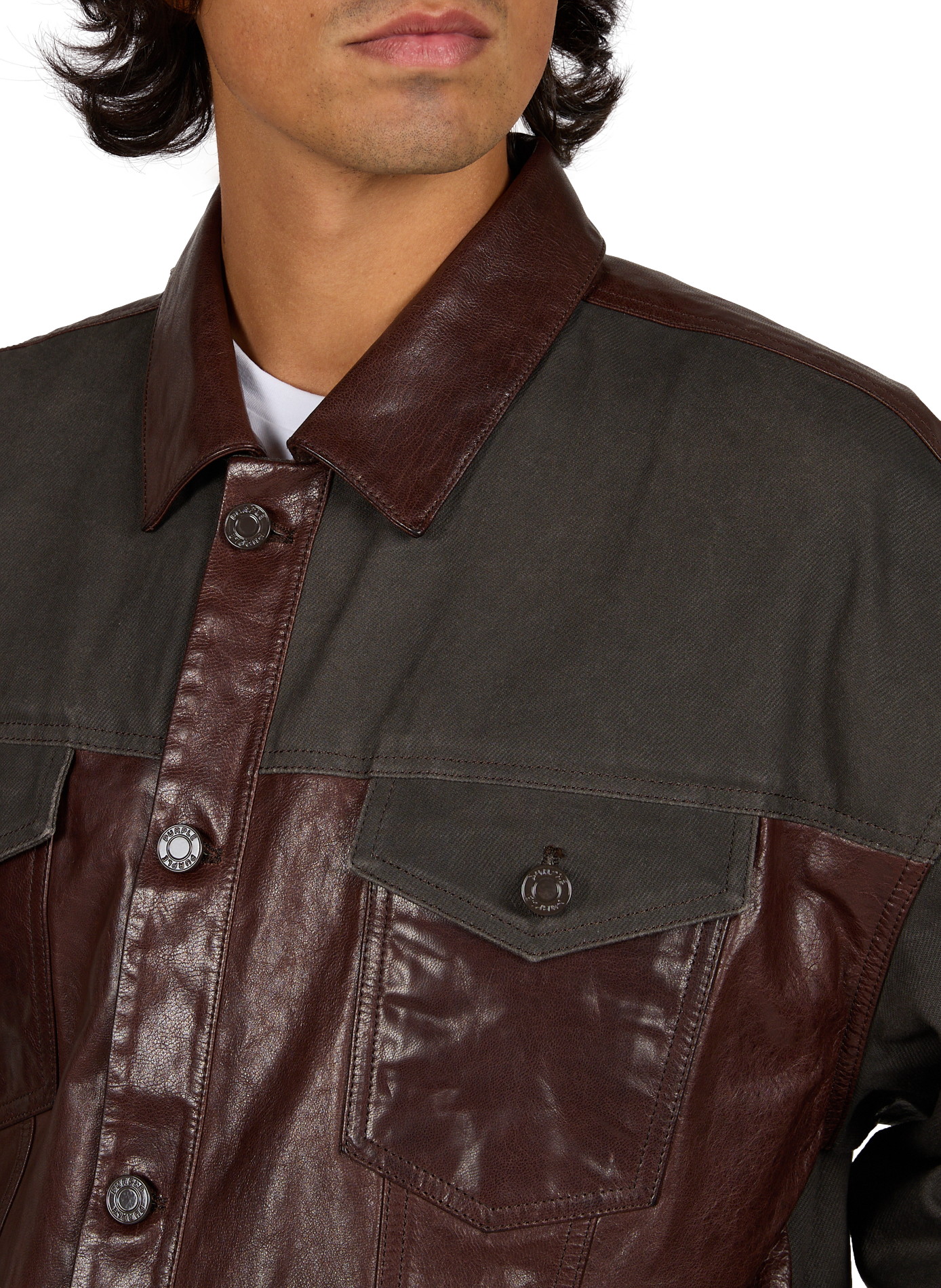 Oversized bi-material jacket in cotton and leather PURPLE BRAND Brown