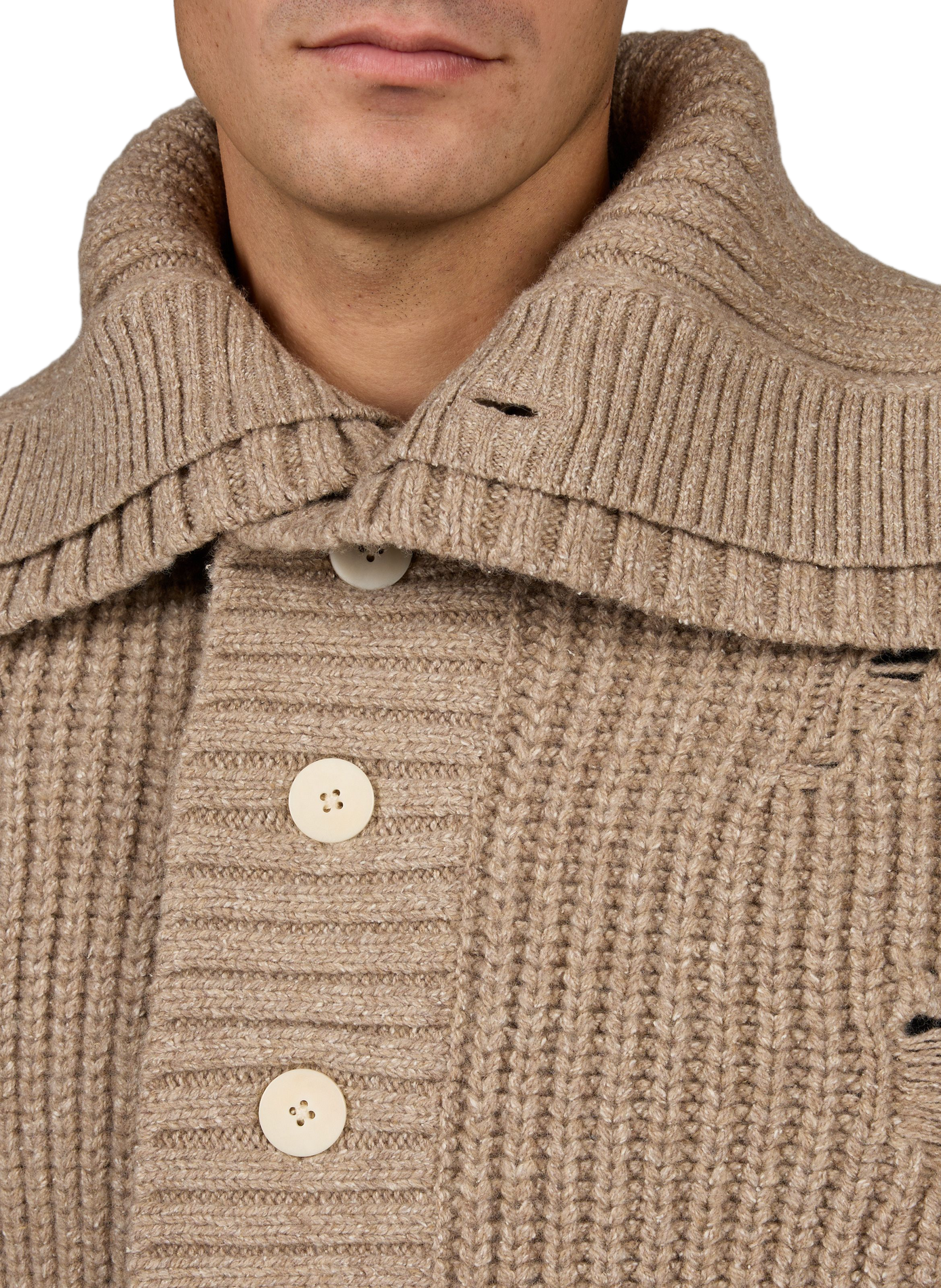 Double-collar cardigan in distressed-effect wool blend SEAN SUEN Beige