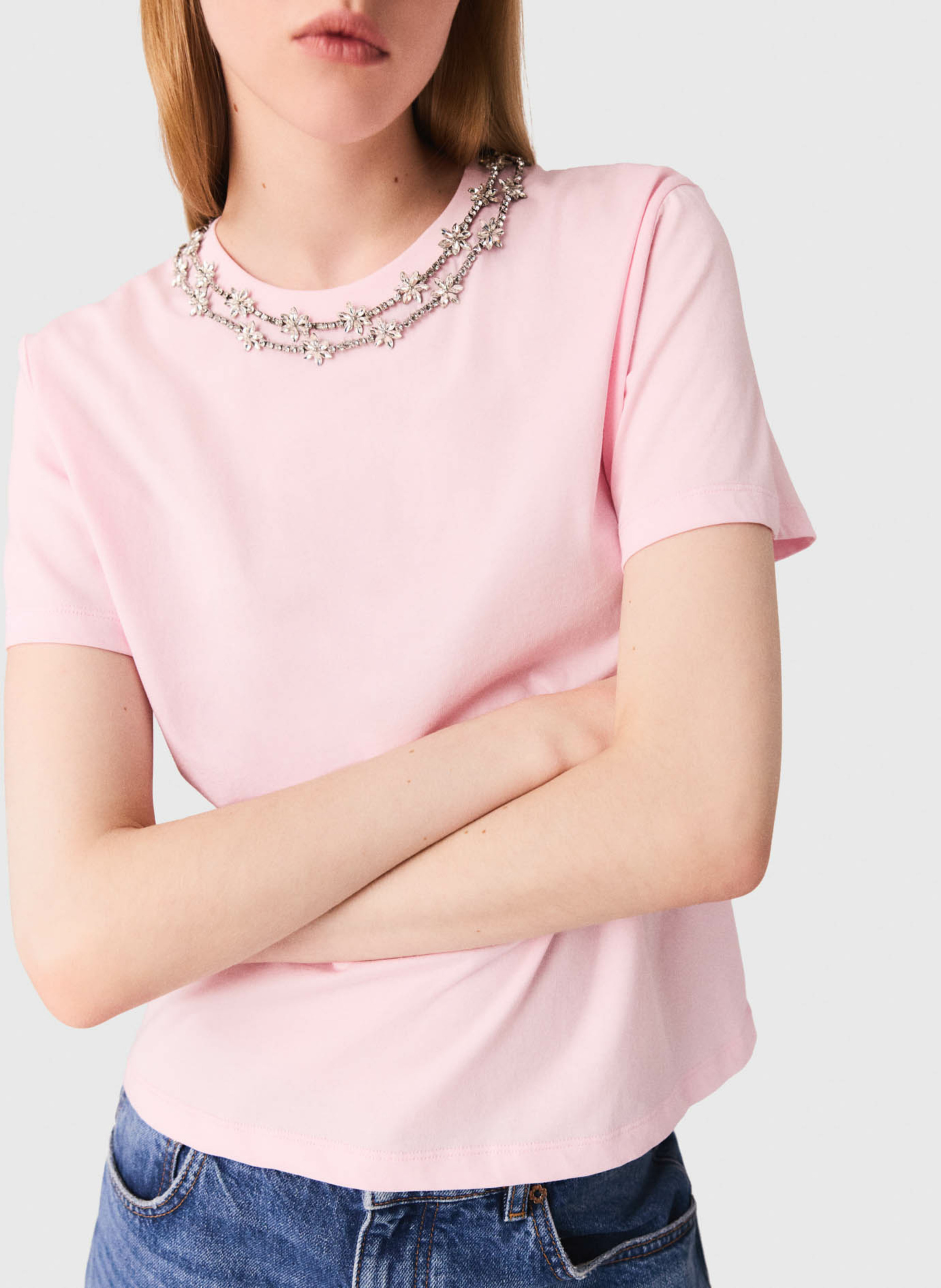 Tee-shirt col rond en coton MAJE Rose